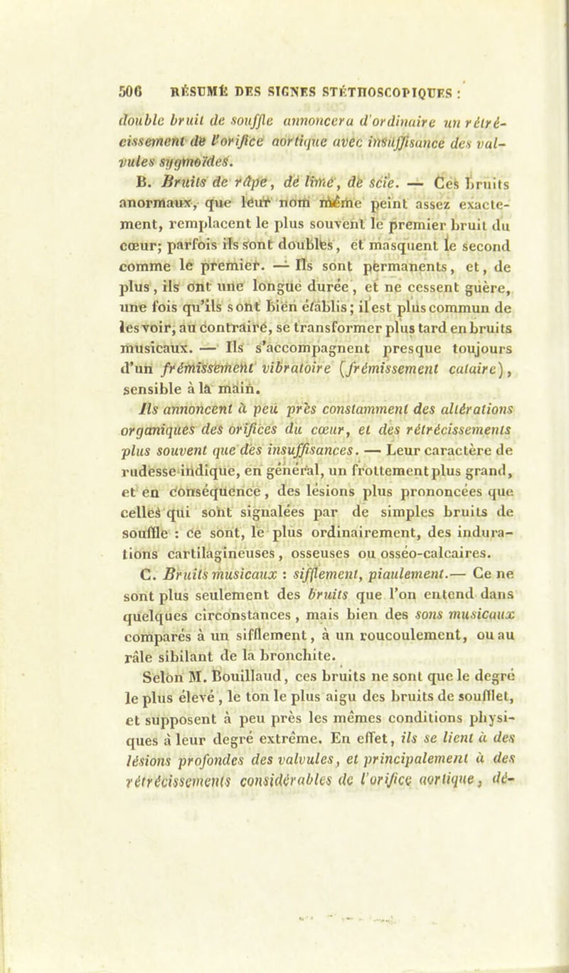 double bruit de souffle annoncera d'ordinaire un rélré- cissemeni ds l'orifice aorliq^ie avec imuffisance des val- vules si/gmoïdes. B. Bruits de râpe, dé lime, de scie. — Ces Lruits anormaux, que leui' nom niértie peint assez exacte- ment, remplacent le plus souvent le premier bruit du cœur; parfois ils Sont doubltes, et masquent le second comme le premief. — Ils sont permanents, et, de plus, ils ont une longiié durée, et ne cessent guère, une fois qu'ils sont bien établis; il est plus commun de les voir, au contrairé, se transformer plus tard enbruits musicaux. — Ils s'accompagnent presque toujours d'nn frémiss^ertieni vibratoire {frémissement cataire), sensible à là main. Ils annoncent à peu pris constamment des altérations organiques des orifices dit cœur, et des rétrécissements plus souvent que dés insuffisances. — Leur caractère de rudessc'irtdique, en général, un frottement plus grand, et en ciOnséqUerice, des lésions plus prononcées que celles qui soht signalées par de simples bruits de souffle : ce sont, le plus ordinairement, des indura- tions cartilagineuses, osseuses ou osséo-calcaires. C. Bruits musicaux : sifflement, piaulement.— Ce ne sont plus seulement des bruits que l'on entend dans quelques circonstances , mais bien des sons musicaux comparés à un sifflement, à un roucoulement, ou au râle sibilant de la bronchite. Selon M. Bouillaud, ces bruits ne sont que le degré le plus élevé , le ton le plus aigu des bruits de soufflet, et supposent à peu près les mêmes conditions physi- ques à leur degré extrême. En effet, ils se lient à des lésions profondes des valvules, et principalement à des rélrécissments considérables de l'orificç aortique, dé-