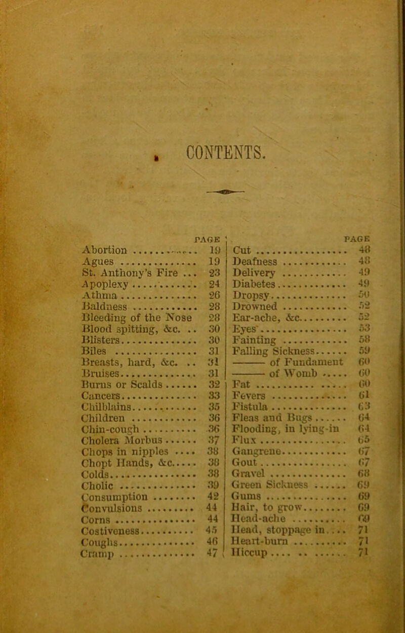 II CONTENTS PAGE PAGE Abortion 19 Agues 19 St. Anthony’s Fire ... 23 Apoplexy 24 Athma 26 Baldness 28 Bleeding of the Nose 28 Blood spitting, &c. .. 30 Blisters 30 Biles 31 Breasts, hard, &c. .. 3l Bruises 31 Bums or Scalds 32 Cancers 33 Chilblains 35 Children 36 Chin-cough 36 Cholera Morbus 37 Chops in nipples .... 38 Chopt Hands, &c 38 Colds.... 38 Cholic 39 Consumption 42 Convulsions 44 Corns 44 Costiveness 45 Coughs 46 Cramp 47 ! Cut 48 Deafness 48 Delivery 49 Diabetes 49 Dropsy 50 Drowned 52 Ear-ache, &c 52 Eyes' 53 Fainting 58 Falling Sickness 59 of Fundament 60 60 60 Fat Fevers 61 Fistula 63 Fleas and Bugs 64 Flooding, in lying-in 64 Flux 65 Gangrene 67 Gout 67 Gravel 68 Green Sickness 69 Gums 69 Hair, to grow 69 Head-ache 69 Head, stoppage in .... 71 Heart-burn 71 Hiccup 71