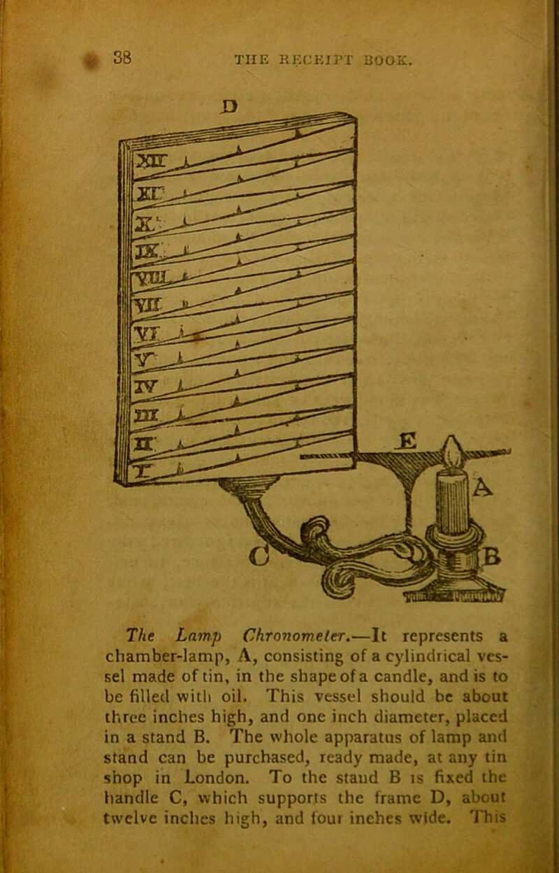 sawiiw The Lamp Chronometer.—It represents a chamber-lamp, A, consisting of a cylindrical ves- sel made of tin, in the shape of a candle, and is to be filled with oil. This vessel should be about three inches high, and one inch diameter, placed in a stand B. The whole apparatus of lamp and stand can be purchased, ready made, at any tin shop in London. To the stand B is fixed the handle C, which supports the frame D, about twelve inches high, and tour inches wide. This