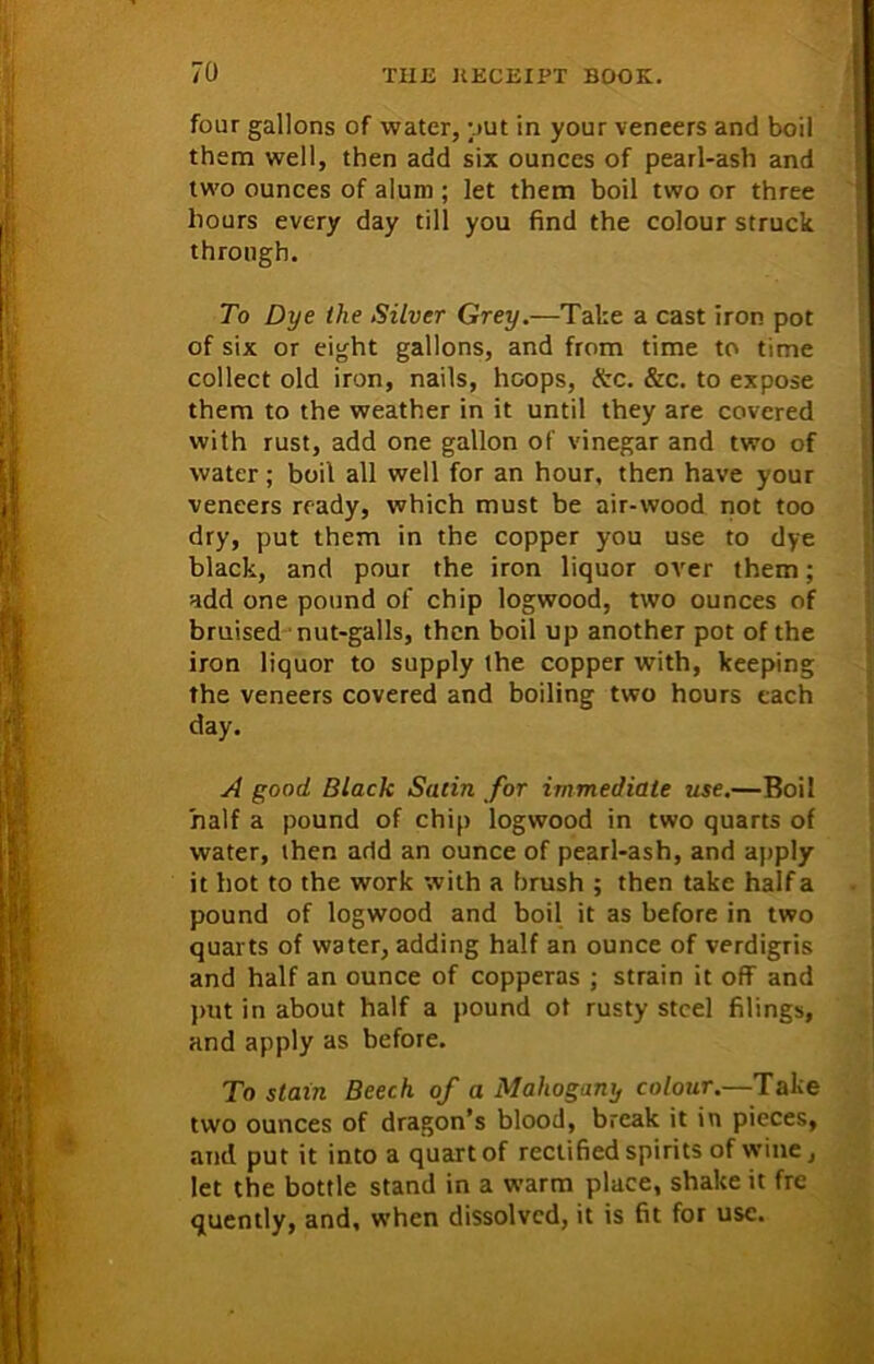 four gallons of water, out in your veneers and boil them well, then add six ounces of pearl-ash and two ounces of alum ; let them boil two or three hours every day till you find the colour struck through. To Dye the Silver Grey.—Take a cast iron pot of six or eight gallons, and from time to time collect old iron, nails, hoops, &c. &c. to expose them to the weather in it until they are covered with rust, add one gallon of vinegar and two of water; boil all well for an hour, then have your veneers ready, which must be air-wood not too dry, put them in the copper you use to dye black, and pour the iron liquor ovrer them; add one pound of chip logwood, two ounces of bruised nut-galls, then boil up another pot of the iron liquor to supply the copper with, keeping the veneers covered and boiling two hours each day. A good Black Satin for immediate use.—Boil half a pound of chip logwood in two quarts of water, then add an ounce of pearl-ash, and apply it hot to the work with a brush ; then take half a pound of logwood and boil it as before in two quarts of water, adding half an ounce of verdigris and half an ounce of copperas ; strain it off and put in about half a pound of rusty steel filings, and apply as before. To slain Beech, of a Mahogany colour.—Take two ounces of dragon’s blood, break it in pieces, and put it into a quart of rectified spirits of wine, let the bottle stand in a warm place, shake it fre quently, and, when dissolved, it is fit for use.