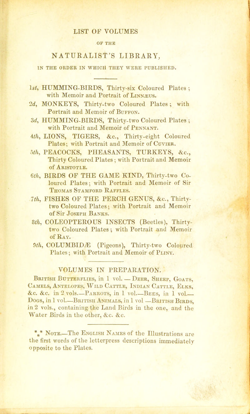 LIST OF VOLUMES OF THE NATURALIST’S LIBRARY, IN THE ORDER IN WHICH THEY WERE PUBLISHED. ls<, HUMMING-BIRDS, Thirty-six Coloured Plates ; with Memoir and Portrait of Linnjeus. ‘Id, MONKEYS, Thirty-two Coloured Plates; with Portrait and Memoir of Buffon. 3d, HUMMING-BIRDS, Thirty-two Coloured Plates ; with Portrait and Memoir of Pennant. 4th, LIONS, TIGERS, &c., Thirty-eight Coloured Plates; with Portrait and Memoir of Cuvier. 5th, PEACOCKS, PHEASANTS, TURKEYS, &c.. Thirty Coloured Plates; with Portrait and Memoir of Aristotle. 6th, BIRDS OF THE GAME KIND, Thirty-two Co- loured Plates; with Portrait and Memoir of Sir Thomas Stamford Raffles. 7th, FISHES OF THE PERCH GENUS, &e., Thirty- two Coloured Plates; with Portrait and Memoir of Sir Joseph Banks. 8th, COLEOPTEROUS INSECTS (Beetles), Thirty- two Coloured Plates; with Portrait and Memoir of Ray. 9th, COLUMBIDiE (Pigeons), Thirty-two Coloured Plates; with Portrait and Memoir of Pliny. VOLUMES IN PREPARATION. British Butterflies, in 1 vol. — Deer, Sheep, Goats, Camels, Antelopes, Wild Cattle, Indian Cattle, Elks, &c. &c. in 2 vols—Parrots, in 1 vol Bees, in 1 vol Dogs, in 1 vol—British Animals, in 1 vol —British Birds, in 2 vols., containing the Land Birds in the one, and the Water Birds in the other, &c. &c. *»* Note.—The English Names of the Illustrations are the first words of the letterpress descriptions immediately opposite to the Plates.