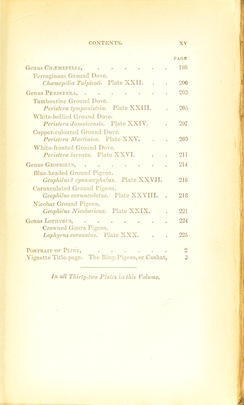 Genus Cii/Emepelia, Ferruginous Ground Dove. Chcemepelia Talpicoti• Plate XXII. Genus Peristera, Tambourine Ground Dove. Peristera tympanistria. Plate XXIII. White-bellied Ground Dove. Peristera Jamaicensis. Plate XXIY. Copper-coloured Ground Dove. Peristera Martinica. Plate XXY. White-fronted Ground Dove. Peristera larvata. Plate XXVI. Genus Geofhilus, Blue-headed Ground Pigeon. Geophilus? cyanoccphalus. Plate XXVII. Carunculated Ground Pigeon. Geophilus carunculatus. Plate XXVIII. Nicobar Ground Pigeon. Geophilus Nicobaricus. Plate XXIX. Genus Lophyrus, Crowned Goura Pigeon. Lophyrus coronalus. Plate XXX. Portrait of Pliny, Vignette Title-page. The Ring-Pigeon, or Cushat, PAGE 198 200 203 205 207 209 211 214 210 218 221 224 225 O O %) In all Thirty-two Plates in this Volume.