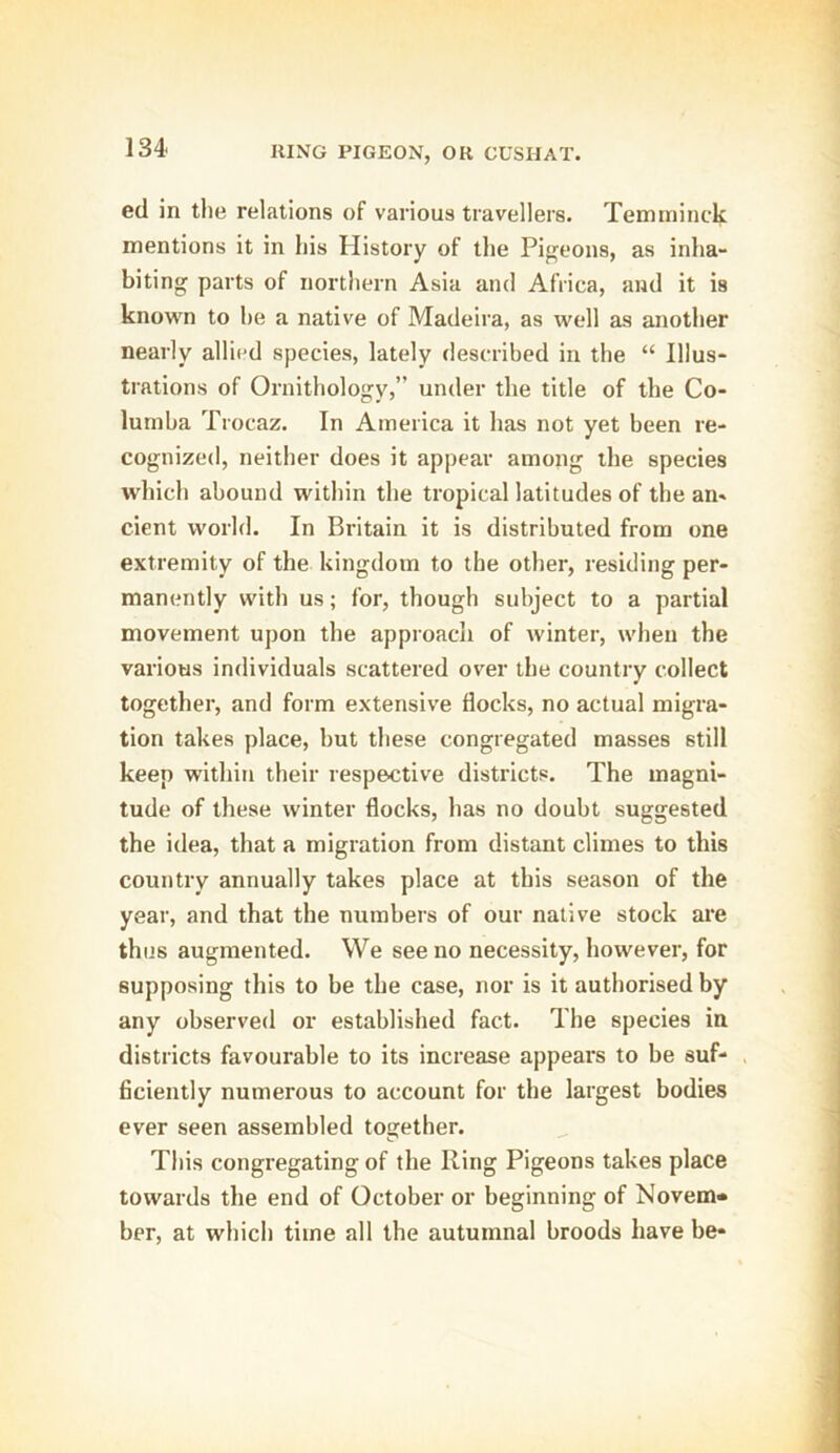 ed in the relations of various travellers. Temminck mentions it in his History of the Pigeons, as inha- biting parts of northern Asia and Africa, and it is known to he a native of Madeira, as well as another nearly allied species, lately described in the “ Illus- trations of Ornithology,” under the title of the Co- lumba Troeaz. In America it has not yet been re- cognized, neither does it appear among the species which abound within the tropical latitudes of the an- cient world. In Britain it is distributed from one extremity of the kingdom to the other, residing per- manently with us; for, though subject to a partial movement upon the approach of winter, when the various individuals scattered over the country collect together, and form extensive flocks, no actual migra- tion takes place, but these congregated masses still keep within their respective districts. The magni- tude of these winter flocks, has no doubt suggested the idea, that a migration from distant climes to this country annually takes place at this season of the year, and that the numbers of our native stock are thus augmented. We see no necessity, however, for supposing this to be the case, nor is it authorised by any observed or established fact. The species in districts favourable to its increase appears to be suf- ficiently numerous to account for the largest bodies ever seen assembled together. This congregating of the Ring Pigeons takes place towards the end of October or beginning of Novem- ber, at which time all the autumnal broods have be-