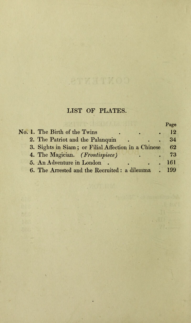 LIST OF PLATES. Page No. 1. The Birth of the Twins . . .12 2. The Patriot and the Palanquin . . . 34 3. Sights in Siam ; or Filial Affection in a Chinese 62 4. The Magician. (Frontispiece) . . 73 5. An Adventure in London . . . . 161 6. The Arrested and the Recruited : a dilemma . 199