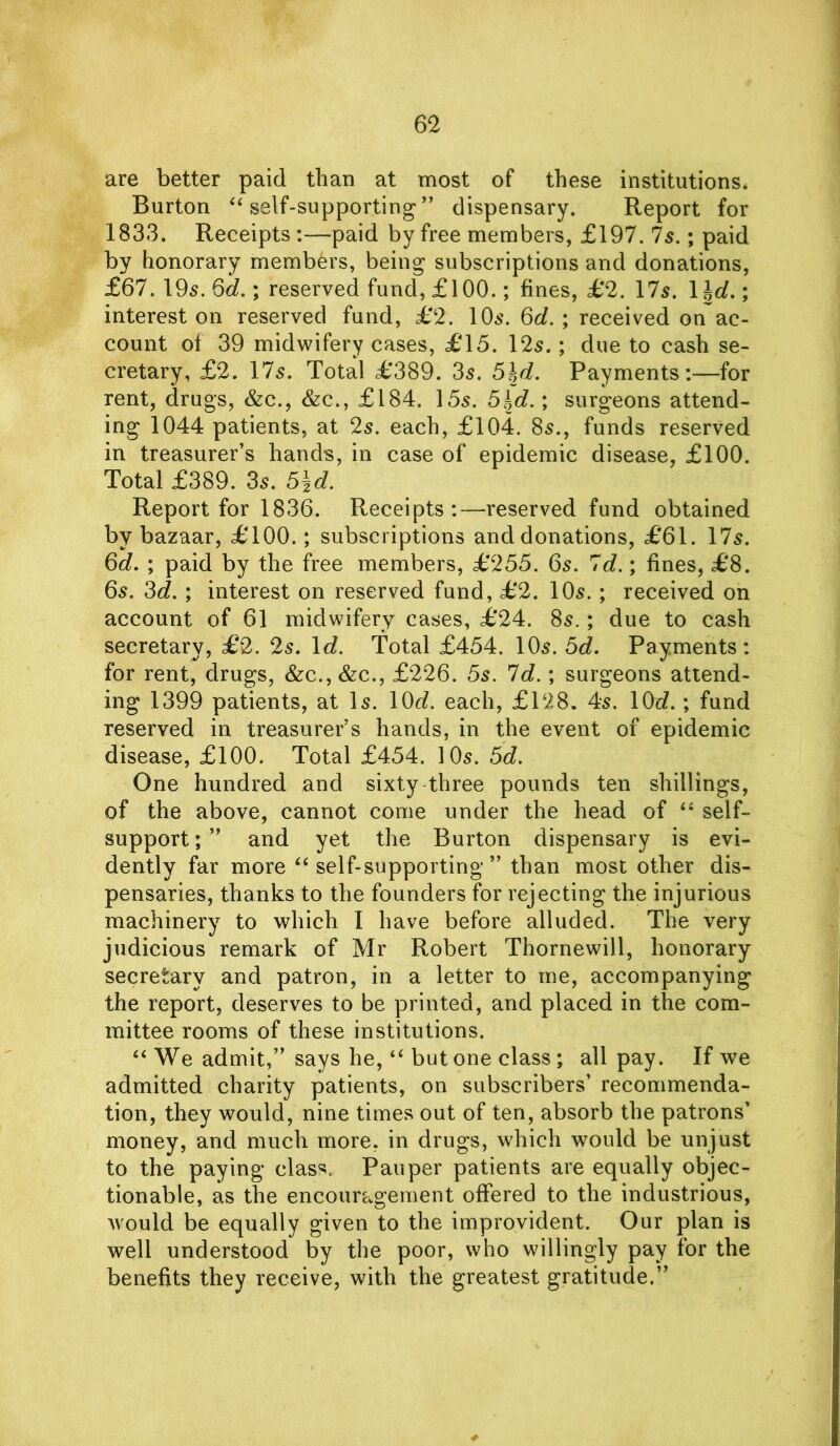 are better paid than at most of these institutions* Burton “ self-supporting ” dispensary. Report for 1833. Receipts :—paid by free members, £197. Is.; paid by honorary members, being subscriptions and donations, £67. 195. 6d.; reserved fund, £100.; fines, £2. 17s. 1 Id.; interest on reserved fund, £2. 10s. 6d. ; received on ac- count of 39 midwifery cases, £15. 12s.; due to cash se- cretary, £2. 17s. Total £389. 3s. 5\d. Payments:—for rent, drugs, &c., &c., £184. 15s. b\d.; surgeons attend- ing 1044 patients, at 2s. each, £104. 8s., funds reserved in treasurer’s hands, in case of epidemic disease, £100. Total £389. 3s. 5\d. Report for 1836. Receipts:—reserved fund obtained by bazaar, £100.; subscriptions and donations, £61. 17s. 6d. ; paid by the free members, £255. 6s. 7d.; fines, £8. 6s. 3d.; interest on reserved fund, £2. 10s. ; received on account of 61 midwifery cases, £24. 8s.; due to cash secretary, £2. 2s. Id. Total £454. 10s. 5d. Payments: for rent, drugs, &c., &c., £226. 5s. Id.; surgeons attend- ing 1399 patients, at Is. 10<2. each, £128. 4s. 10<2. ; fund reserved in treasurer’s hands, in the event of epidemic disease, £100. Total £454. 10s. 5d. One hundred and sixty three pounds ten shillings, of the above, cannot come under the head of “ self- support;” and yet the Burton dispensary is evi- dently far more “ self-supporting ” than most other dis- pensaries, thanks to the founders for rejecting the injurious machinery to which I have before alluded. The very judicious remark of Mr Robert Thornewill, honorary secretary and patron, in a letter to me, accompanying the report, deserves to be printed, and placed in the com- mittee rooms of these institutions. “ We admit,” says he, “ but one class; all pay. If we admitted charity patients, on subscribers’ recommenda- tion, they would, nine times out of ten, absorb the patrons’ money, and much more, in drugs, which would be unjust to the paying class. Pauper patients are equally objec- tionable, as the encouragement offered to the industrious, would be equally given to the improvident. Our plan is well understood by the poor, who willingly pay for the benefits they receive, with the greatest gratitude.”