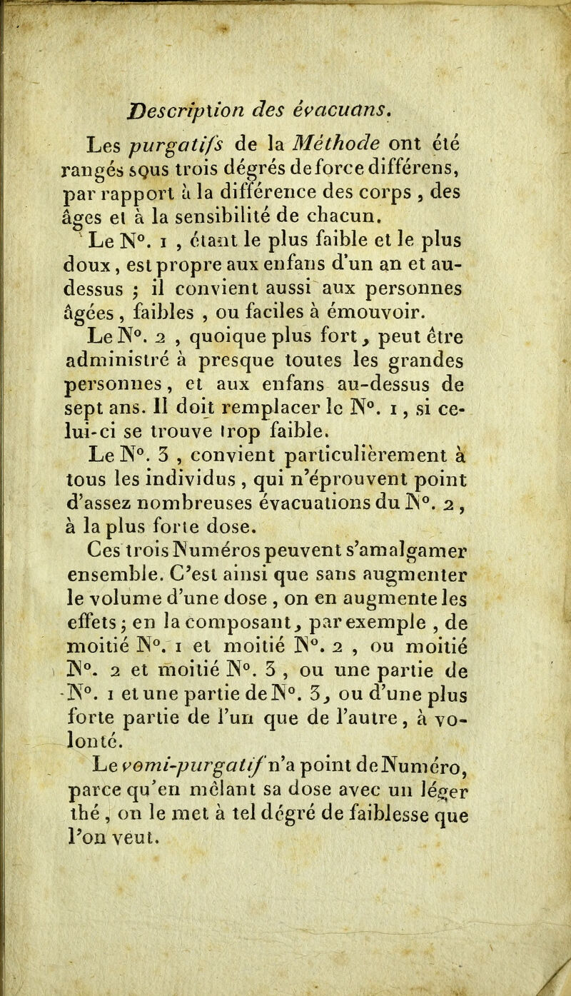 DescripXion des évacuans. Les purgatifs de la Méthode ont été rangés SQus trois degrés deforcedifférens, par rapport à la différence des corps , des âges el à la sensibilité de chacun. Le N®. I , éiaot le plus faible el le plus doux, est propre aux enfans d’un an et au- dessus \ il convient aussi aux personnes âgées , faibles , ou faciles à émouvoir. LelX®. 2 , quoique plus fort, peut être administré à presque toutes les grandes personnes, et aux enfans au-dessus de sept ans. 11 doit remplacer le N®, i, si ce- lui-ci se trouve irop faible. Le N®. 5 , convient particulièrement à tous les individus , qui n’éprouvent point d’assez nombreuses évacuations du IS°. 2 , à la plus forte dose. Ces trois INuméros peuvent s’amalgamer ensemble. C’est ainsi que sans augmenter le volume d’une dose , on en augmente les effets^ en la composant, par exemple , de moitié ]N°. i el moitié 2 , ou moitié ]N®. 2 et moitié ]N°. 5 , ou une partie de I et une partie de IN°. 5, ou d’une plus forte partie de l’un que de l’autre, à vo- lonté. Le vemi-piirgatifvédi point de Numéro, parce qu’en mêlant sa dose avec un léger thé ^ on le met à tel dégré de faiblesse que l’on veut.