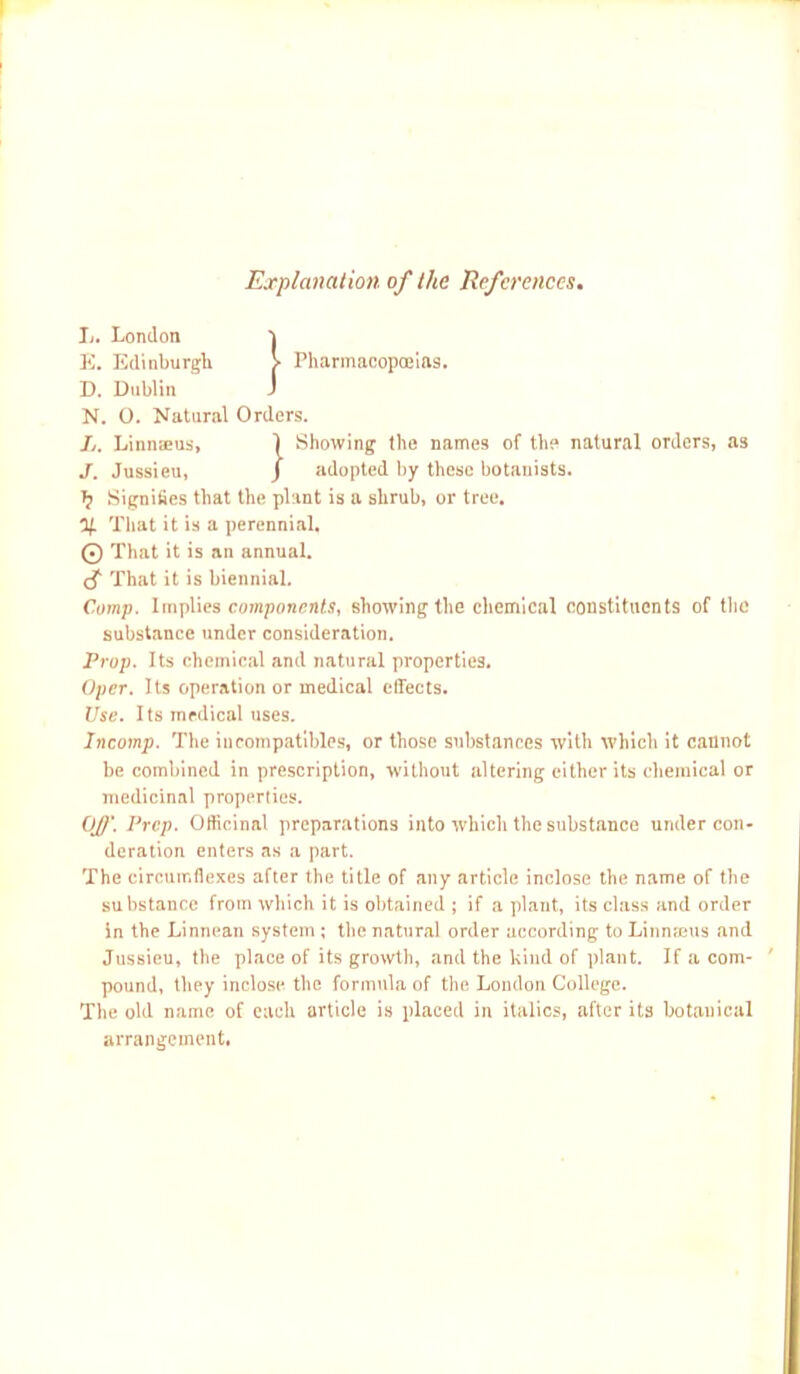 Explanation of the References. L. London 'j E. Edinburgh > Pharmacopoeias. D. Dublin J N. O. Natural Orders. L, Linnaeus, 1 Showing the names of the natural orders, as J. Jussieu, J adopted by these botanists. J? Signifies that the plant is a shrub, or tree. ^ That it is a perennial. © That it is an annual. <£ That it is biennial. Comp. Implies components, showing the chemical constituents of the substance under consideration. Prop. Its chemical and natural properties. Oper. Its operation or medical effects. Use. Its medical uses. Incomp. The incompatibles, or those substances with which it cannot be combined in prescription, without altering either its chemical or medicinal properties. Off. Prep. Officinal preparations into which the substance under con- deration enters as a part. The circumflexes after the title of any article inclose the name of the substance from which it is obtained ; if a plant, its class and order in the Linnean system ; the natural order according to Linnaeus and Jussieu, the place of its growth, and the kind of plant. If a com- ' pound, they inclose the formula of the London College. The old name of each article is placed in italics, after its botanical arrangement,