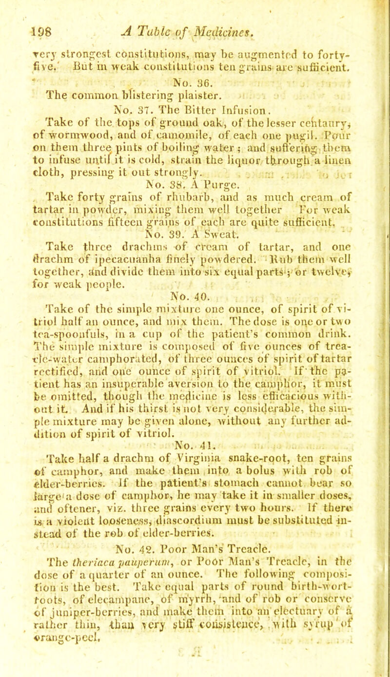 very strongest constitutions, may be augmented to forty- five.' But in weak constitutions ten grains-are sufficient. No. 36. The common blistering plaister. No. 37. The Bitter Infusion. Take of the tops of ground oak, of the lesser centaury* of wormwood, and of camomile, of each one pugil. Pour on them three pints of boiling water ; and suffering them to infuse until it is cold, strain the liquor through a linen cloth, pressing it out strongly. No. 38. A Purge. Take forty grains of rhubarb, and as much cream of tartar in powder, mixing them well together For weak constitutions fifteen grains of each are quite sufficient. No. 39. A Sweat. Take three drachms of cream of tartar, and one drachm of ipecacuanha finely powdered. Hub them well together, and divide them into six equal parts; or twelve* for weak people. No. 40. Take of the simple mixture one ounce, of spirit of vi- triol half an ounce, and mix them. The dose is one or two tea-spoonfuls, in a cup of the patient’s common drink. The simple mixture is composed of five ounces of trea- •dc-watcr camphorated, of three ounces of spirit of tartar rectified, and one ounce of spirit of vitriol. If 'the pa- tient has an insuperable aversion to the camphor, it must be omitted, though the medicine is less efficacious with- out it And if his thirst is not very considerable, the sim- ple mixture may be given alone, without any further ad- dition of spirit of vitriol. No. 41. Take half a drachm of Virginia snake-root, ten grains of camphor, and make them into a bolus with rob of elder-berries. If the patient’s stomach cannot bear so large1 a dose of camphor, he may take it in smaller doses, and oftener, viz. three grains every two hours. If there ls a violent looseness, diascordium must be substituted in- stead of the rob of elder-berries. No. 42. Poor Man’s Treacle. The theriaca pauperuni, or Poor Man’s Treacle, in the dose of a quarter of an ounce. The following composi- tion is the best. Take equal parts of round birth-wort- l-oots, of elecampane, of myrrh,-and of rob or conserve of juniper-berries, and make them into ail' cifectuary of a rather thin, than very stiff consistence, with syrup of* oranse-ned.