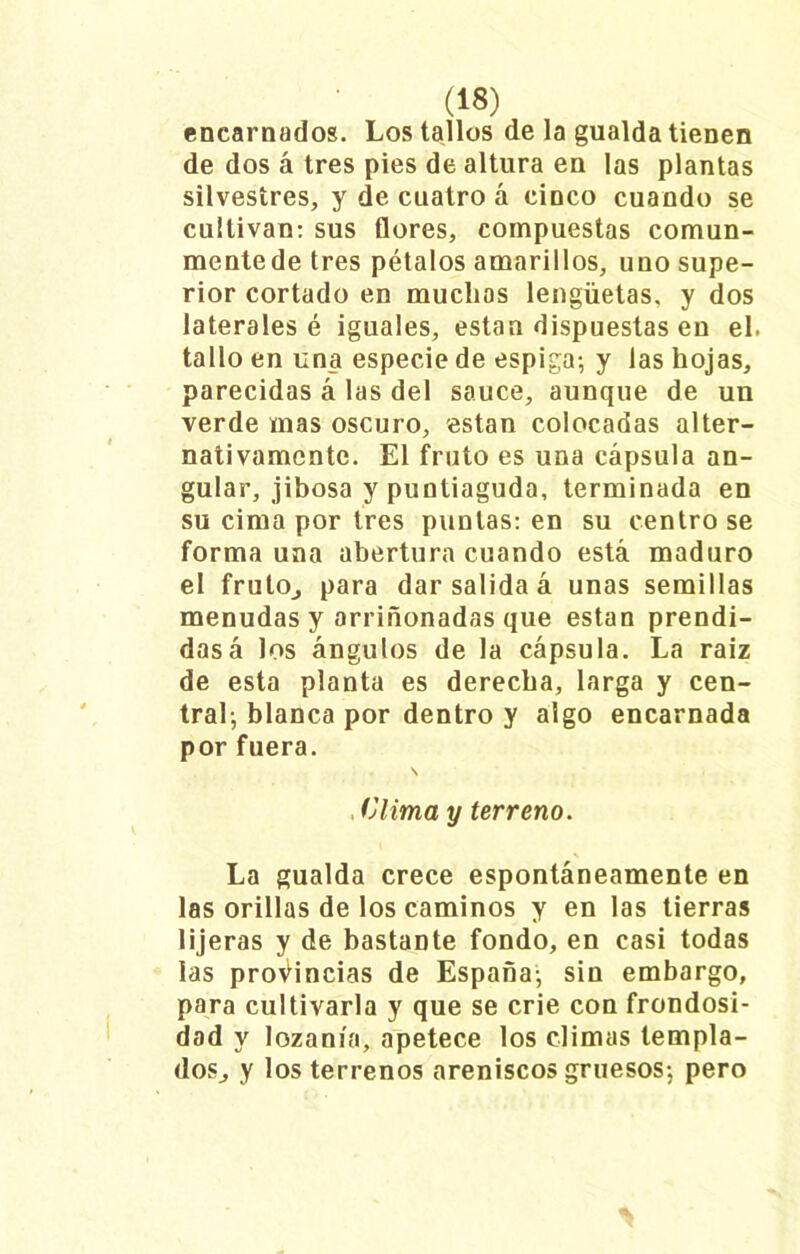 encarnados. Los tallos de la gualda tienen de dos á tres pies de altura en las plantas silvestres, y de cuatro á cinco cuando se cultivan: sus flores, compuestas comun- mentede tres pétalos amarillos, uno supe- rior cortado en muchas lengüetas, y dos laterales é iguales, están dispuestas en el. tallo en una especie de espiga; y las hojas, parecidas á las del sauce, aunque de un verde mas oscuro, están colocadas alter- nativamente. El fruto es una cápsula an- gular, jibosa y puntiaguda, terminada en su cima por tres puntas: en su centro se forma una abertura cuando está maduro el frutOj para dar salida á unas semillas menudas y arriñonadas que están prendi- das á los ángulos de la cápsula. La raiz de esta planta es derecha, larga y cen- tral; blanca por dentro y algo encarnada por fuera. \ Clima y terreno. La gualda crece espontáneamente en las orillas de los caminos y en las tierras lijeras y de bastante fondo, en casi todas las provincias de España; sin embargo, para cultivarla y que se crie con frondosi- dad y lozanía, apetece los climas templa- dos,, y los terrenos areniscos gruesos-, pero