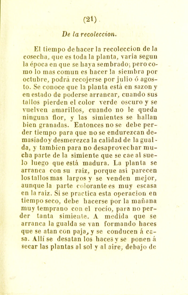 De la recolección. El tiempo de hacer la recolección de la cosecha, que es toda la planta, varia según la época en que se haya sembrado-, pero co- mo lo mas común es hacer la siembra por octubre, podrá recojerse por julio ó agos- to. Se conoce que la planta está en sazón y en estado de poderse arrancar, cuando sus tallos pierden el color verde oscuro y se vuelven amarillos, cuando no le queda ninguna flor, y las simientes se hallan bien granadas. Entonces no se debe per- der tiempo para que no se endurezcan de- masiado)' desmerezca la calidad de la gual- da, y también para no desaprovechar mu- cha parte de la simiente que se cae al sue- lo luego que está madura. La planta se arranca con su raiz, porque asi parecen los tallos mas largos y se venden mejor, aunque la parte colorante es muy escasa en la raiz. Si se practica esta operación en tiempo seco, debe hacerse por la mañana muy temprano con el rocío, para no per- der tanta simiente. A medida que se arranca la gualda se van formando haces que se atan con paja, y se conducen á ca- sa. Allí se desatan los haces y se ponen á secar las plantas al sol y al aire, debajo de