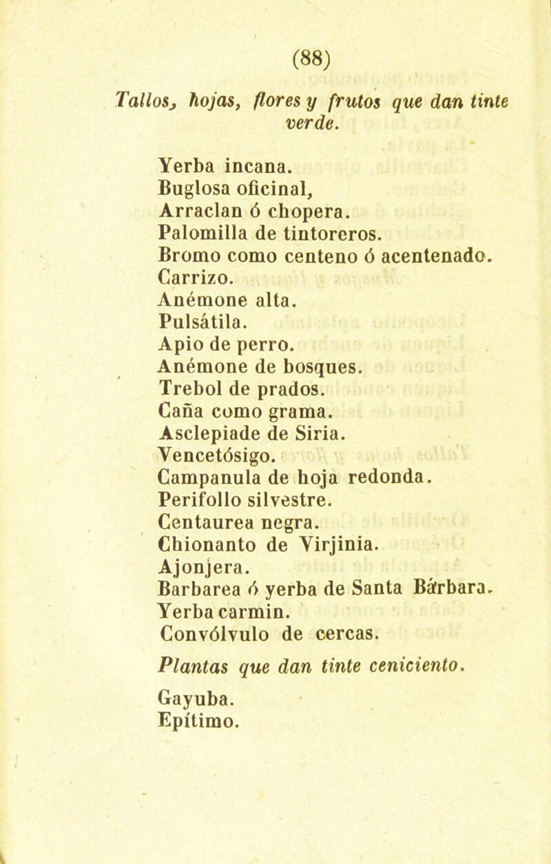 TalloSj hojas, flores y frutos que dan tinte verde. Yerba incana. Buglosa oficinal. Arraclán ó chopera. Palomilla de tintoreros. Bromo como centeno ó acentenado. Carrizo. Anémone alta. Pulsátila. Apio de perro. Anémone de bosques. Trébol de prados. Caña como grama. Asclepiade de Siria. Yencetósigo. Campánula de hoja redonda. Perifollo silvestre. Centaurea negra. Chionanto de Yirjinia. Ajonjera. Barbarea ó yerba de Santa Bárbara. Yerba carmín. Convólvulo de cercas. Plantas que dan tinte ceniciento. Gayuba. Epítimo.