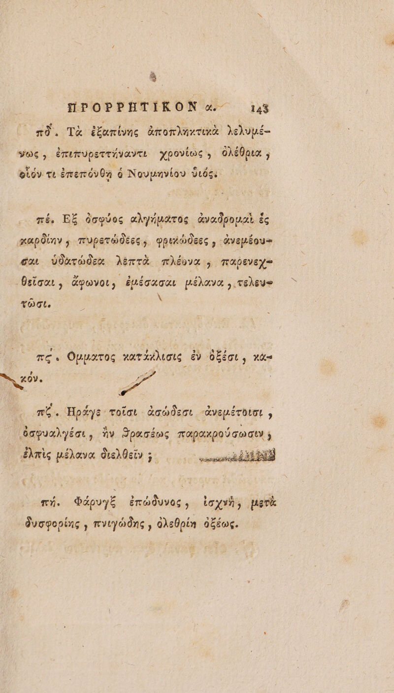 HPOPPHTIRON «143 rd. Tu ÉEurivne aronknacik kehvué- vos, émeruperrivaves yooviwc, GRO ; Let 3 PSE ET eæ ». otov T1 émemovOn à Novpnvtou ULOSs mé, EË Gopdos ahyiuaros àvadpouat ë mapdinv; mupermdeec, pride , dvepéou» cor Vourodex hëmTa mÂËdIX ; MapEvEy Orioaut, äpwvor, Éuécaour méluva , réheue TTL ) , Ouuxroc xarxfliotc E OÉéot, nt Ter Opuaros RaTAUOLE Ect s Su. a mn = CEE, , , = mé. Hpxye Too àowdeot dvepéroiot ôcpuahyéat, nv prés Roprp dax ÿ Émis péhava deleir 3 | rh. Papuyé érwAUVOs , to yvh; perk duvpopinç ; TVLYOÔNS ; d):0pin 0ÉéE.