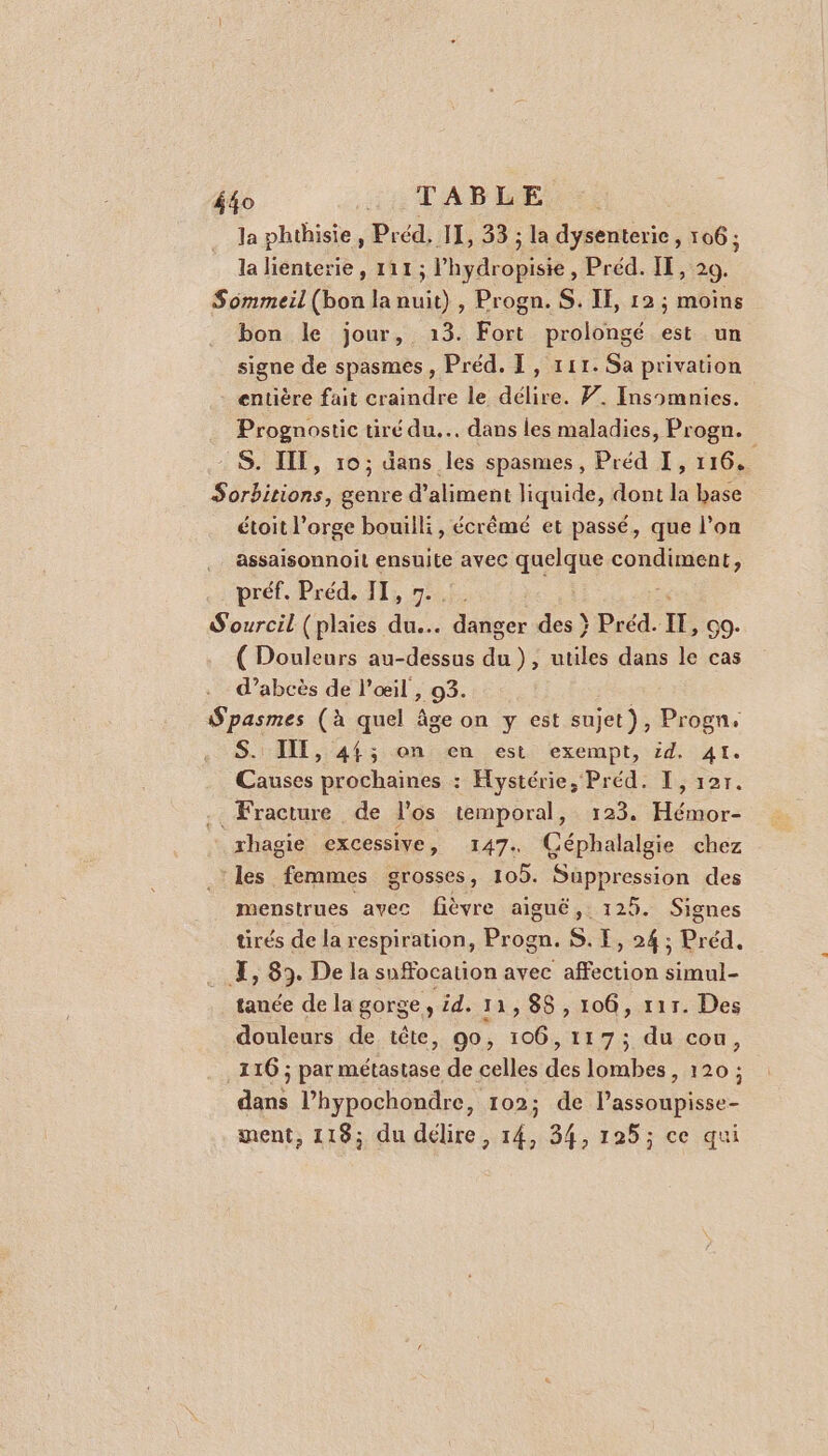 é4o .. TABLE la phthisie, Préd, 11, 33 ; la dysenterie, 106; la lienterie, 111 ; Phydropisie, Préd. IE, 29. Sommeil (bon la nuit) , Progn. S. IE, 12 ; moins bon le jour, 13. Fort prolongé est un signe de spasmes, Préd. I, 111. Sa privation entière fait craindre le délire. F. Insomnies. Prognostic tiré du... dans les maladies, Progn. S. II, 10; dans les spasmes, Préd 1, 116. Sorbitions, genre d’aliment liquide, dont la base étoit l'orge bouilli, écrêmé et passé, que l’on assaisonnoit ensuite avec quelque condiment, préf. Préd. II, 7.. Sourcil (plaies du... danger des } Préd. I, GO. ( Douleurs au-dessus du), utiles dans le cas d’abcès de l'œil , 93. Spasmes (à quel âge on y est sujet), Progn. S.: III, 44; on en est exempt, id. A1. Causes prochaines : Hystérie, Préd. I, 12r. Fracture de l'os temporal, 123. Hémor- xhagie excessive, 147. Céphalalgie chez les femmes grosses, 105. Suppression des menstrues avec fièvre aiguë, 129. Signes ürés de la respiration, Progn. S. TE, 24 ; Préd, X, 89. De la suffocation avec affection simul- tanée de la gorge, id. 11,88, 106, 117. Des douleurs de tête, 90, 106,117; du cou, 116 ; par métastase de celles des lombes, 120 ; dans l’hypochondre, 102; de l’assoupisse- ment, 118; du délire, 14, 34, 125; ce qui