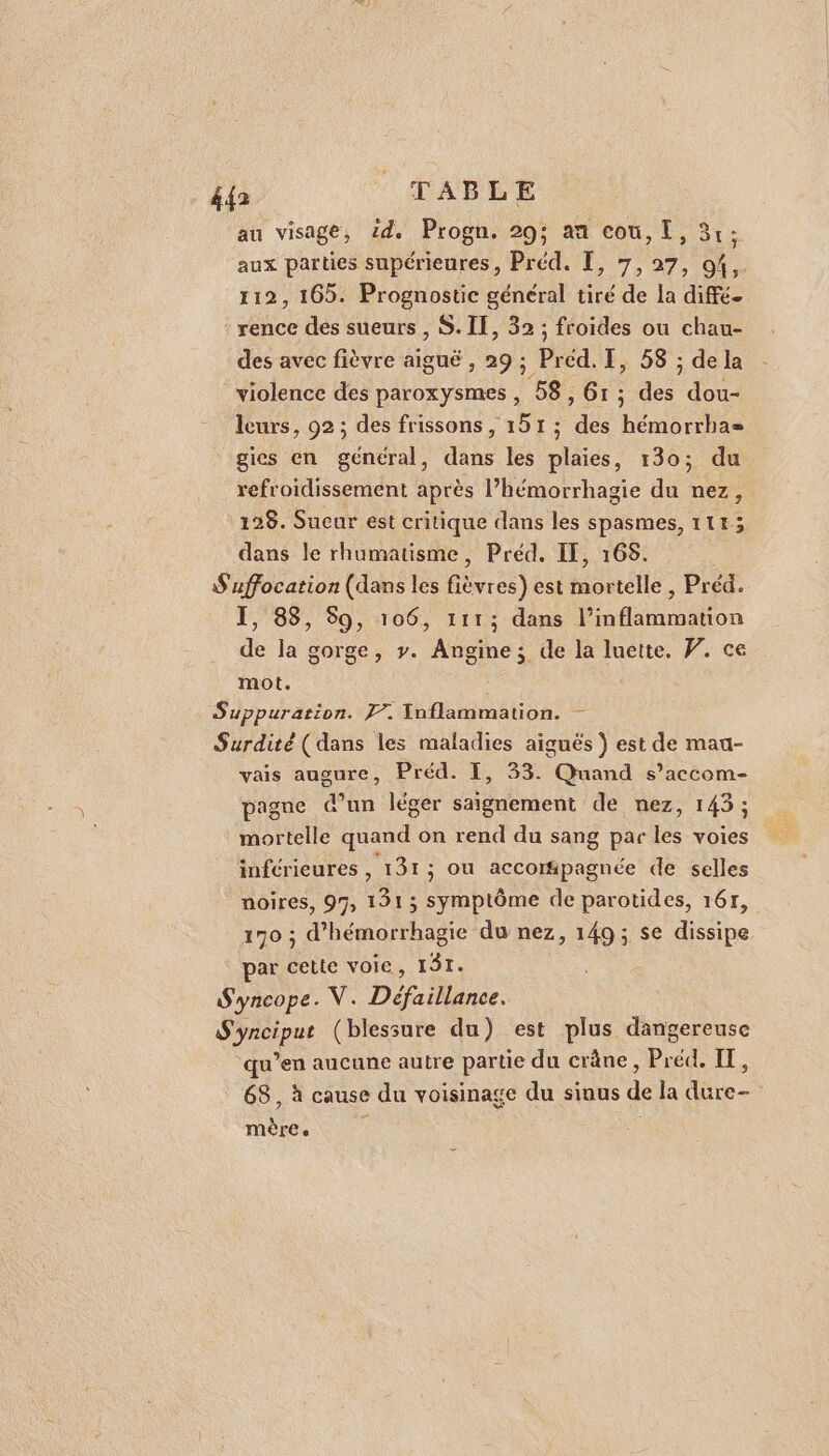 4&amp;{2 TABLE au visage, id. Progn. 29; an cou, I, 31; aux parties supérieures, Préd. [, 7, 27, 94, 112, 165. Prognostic général tiré de la diffé rence des sueurs , S. IE, 32 ; froides ou chau- des avec fièvre aiguë , 29 ; Préd. I, 58 ; de la violence des paroxysmes, 58, 61 ; des dou- leurs, 92 ; des frissons, 151 ; des hémorrhas= gies en général, dans les plaies, 130; du refroidissement après l’hémorrhagie du nez, 128. Sucur est critique dans les spasmes, 114; dans le rhumatisme, Préd. IE, 168. | S'uffocation (dans les fièvres) est mortelle, Préd. I, 88, $9, 106, 111; dans l’inflammation de la gorge, y. Angine; de la luette. W. ce mot. Suppurarion. F7. Inflammation. — Surdité (dans les maladies aiguës ) est de maa- vais augure, Préd. I, 33. Quand s’accom- pagne d’un léger saignement de nez, 143 ; mortelle quand on rend du sang par les voies inférieures , 131; ou accompagnée de selles noires, 97, 131 ; symptôme de parotides, 1617, 170 ; d’hémorrhagie du nez, 149; se dissipe par cette voie, LOT. S'yncope. V. Défaillance. S'ynciput (blessure du) est plus dangereuse qu’en aucune autre partie du crâne, Préd. IF, 68, à cause du voisinage du siaus de la dure- Mère «