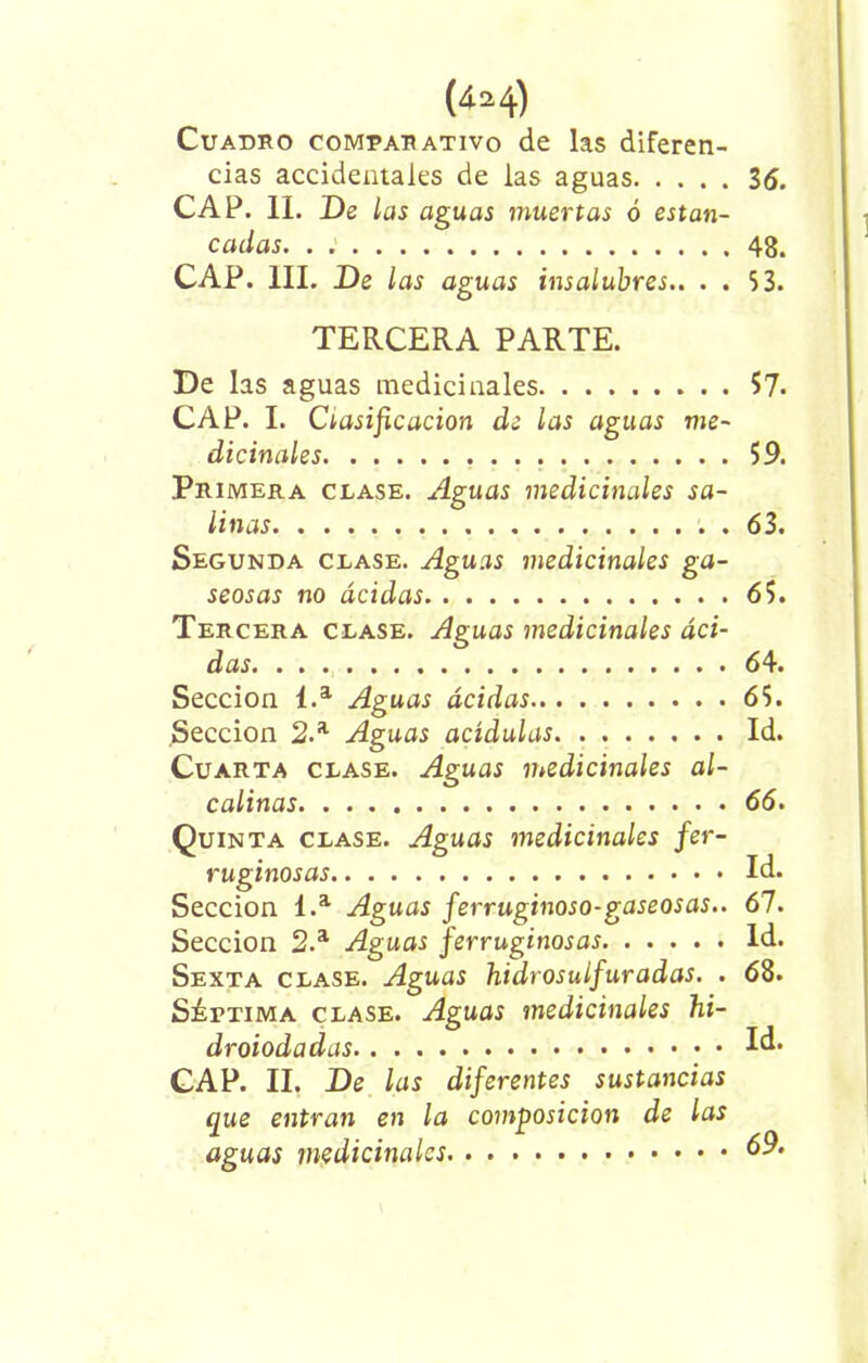 Cuadro comparativo de las diferen- cias accidentales de las aguas 36. CAP. II. De las aguas muertas ó estan- cadas. . 48. CAP. III. De las aguas insalubres.. . . 53. TERCERA PARTE. De las aguas medicinales 57. CAP. I. Clasificación de ¡as aguas me- dicinales 59. Primera clase. Aguas medicinales sa- linas 63. Segunda clase. Aguas medicinales ga- seosas no acidas 65. Tercera clase. Aguas medicinales aci- das 64. Sección 1.a Aguas acidas 65. Sección 2.a Aguas acídulas Id. Cuarta clase. Aguas medicinales al- calinas 66. Quinta clase. Aguas medicinales fer- ruginosas Id. Sección 1.a Aguas ferruginoso-gaseosas.. 67. Sección 2.a Aguas ferruginosas Id. Sexta clase. Aguas hidrosulfuradas. . 68. Séptima clase. Aguas medicinales hi- droiodadas Id* GAP. II. De las diferentes sustancias que entran en la composición de las aguas medicinales ¿9.