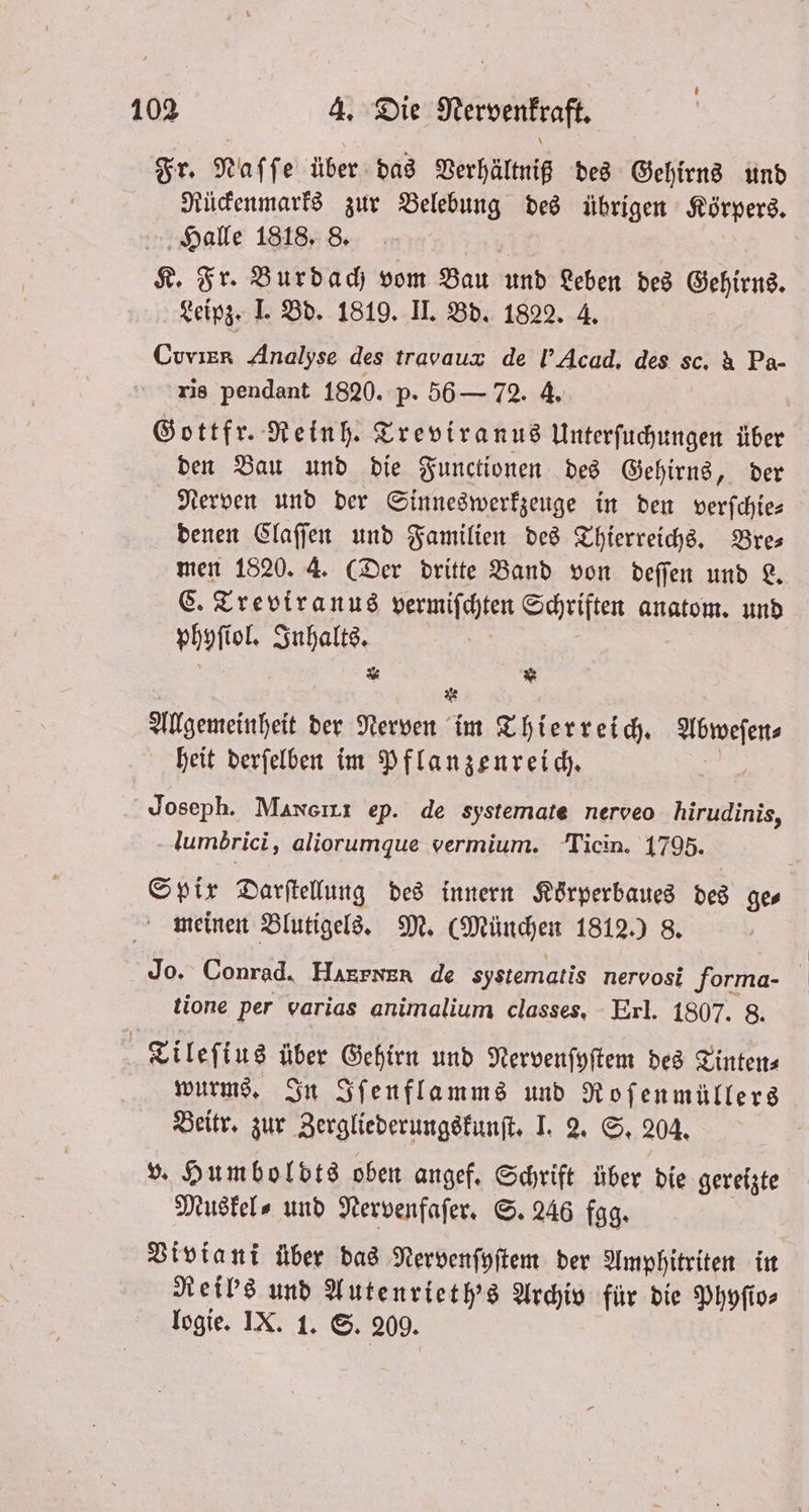 Fr. Nas ſe über das Verhältniß des Gehirns und Rückenmarks zur Belebung des übrigen Körpers. t 1818. 8. K. Fr. Burdach vom Bau und Leben des Gehirns. King. 1. Bd. 1819. II. Bd. 1822. 4. Cwvier Analyse des travaux de Acud. des sc. &amp; Pa- ris pendant 1820. p. 56 — 72. 4. Gottfr. Reinh. Treviranus Unterſuchungen über den Bau und die Functionen des Gehirns, der Nerven und der Sinneswerkzeuge in den verſchie— denen Claſſen und Familien des Thierreichs. Bre- men 1820. 4. (Der dritte Band von deſſen und L. C. Treviranus dermiſchten Schriften anatom. und phy lol. Inhalts. = * 22 Allgemeinheit der Nerven im Thierreich. e heit derſelben im Pflanzenreich. Joseph. Mansızı ep. de systemate nerveo hirudinis, lumòrici, aliorumque vermium. Ticin. 1795. Spir Darſtellung des innern Körperbaued des ges meinen Blutigels. M. (München 1812.) 8. Jo. Conrad. Haezrser de systematis nervosi Form- tione per varias animalium classes. Erl. 1807. 8. f Tileſi ius über Gehirn und Nervenſyſtem des Tinten⸗ wurms. In Iſenflamms und Roſenmüllers Beitr. zur Zergliederungskunſt. I. 2. S. 204. v. Humboldts oben angef. Schrift über die gereizte Muskel- und Nervenfaſer. S. 246 ggg. Viviani über das Nervenſyſtem der Amphitriten in Reil's und Autenrieth's Archiv für die Phyſio⸗ logie. IX. 1. S. 209.