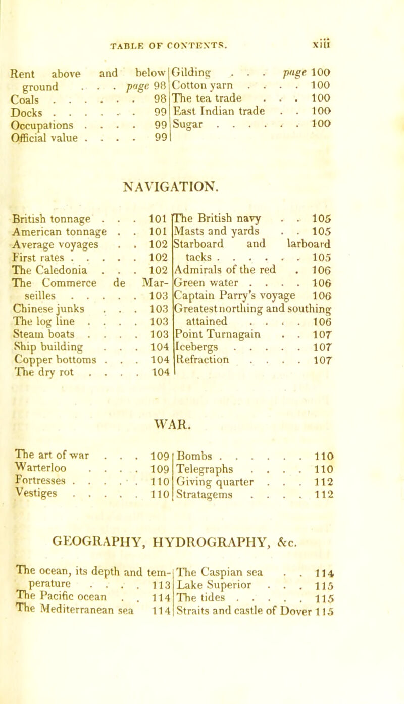 Rent above ground Coals . . • Docks . . - Occupations Official value . and below page 98 . 98 . 99 . 99 . 99 Gilding . . . Cotton yarn The tea trade East Indian trade Sugar . . . . page 100  100 . 100 , . 100 . . 100 NAVIGATION. British tonnage . . American tonnage . Average voyages First rates .... The Caledonia . . The Commerce de seilles .... Chinese junks . . The log line . . . Steam boats . . . Ship building Copper bottoms . . ’Die dry rot ... 101 IThe British navy . . 105 101 Masts and yards . . 105 102 Starboard and larboard 102 tacks 105 102 Admirals of the red . 106 Mar- Green water . . . . 106 103 Captain Parry’s voyage 106 103 Greatest northing and southing 103 attained . . < . 106 103 Point Turnagain . . 107 104 Icebergs 107 104 Refraction . . . . 107 104 WAR. The art of war Warterloo Fortresses . . Vestiges . . 109 109 110 110 Bombs . . . . Telegraphs . . Giving quarter Stratagems 110 110 112 112 GEOGRAPHY, HYDROGRAPHY, Ac. The ocean, its depth and tem- perature . . . . H3 The Pacific ocean . . 114 The Mediterranean sea 114 The Caspian sea . . 114 Lake Superior . . . 115 The tides 115 Straits and castle of Dover 115