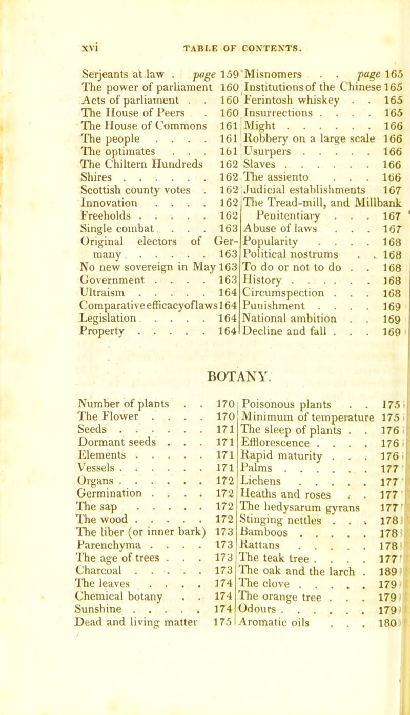 Serjeants at law . page 159 The power of parliament 160 Acts of parliament . . 160 The House of Peers . 160 The House of Commons 161 The people . . . . 161 The optimates . . . 161 The Chiltern Hundreds 162 Shires 162 Scottish county votes . 162 Innovation . . . . 162 Freeholds . . ; . . 162 Single combat . . . 163 Original electors of Ger- many 163 No new sovereign in May 163 Government . . . . 163 Ultraism 164 Comparative efficacyoflaws 164 Legislation . . . . 164 Property 164 Misnomers . . page 165 Institutions of the Chinese 165 Ferintosh whiskey . . 165 Insurrections . . . . 165 Might 166 Robbery on a large scale 166 Usurpers 166 Slaves 166 The assiento . . . 166 Judicial establishments 167 The Tread-mill, and Millbank Penitentiary Abuse of laws Popularity . . Political nostrums To do or not to do History .... Circumspection . Punishment . . National ambition Decline and fall . 167 167 168 168 168 168 168 169 169 169 BOTANY. Number of plants . . 170 The Flower .... 170 Seeds 171 Dormant seeds . . . 171 Elements 171 Vessels ...... 171 Organs 172 Germination .... 172 The sap 172 The wood 172 The liber (or inner bark) 173 Parenchyma .... 173 The age of trees . . . 173 Charcoal 173 The leaves .... 174 Chemical botany . . 174 Sunshine 174 Dead and living matter 175 I Poisonous plants . . 175 Minimum of temperature 175 • The sleep of plants • • 176 Efflorescence .... 176 Rapid maturity . . . 176' Palms 177 Lichens . . 177 Heaths and roses .• . 177 The hedysarum gyrans 177' Stinging nettles . . , 178 Bamboos . 178: Rattans 178- The teak tree . 177' The oak and the larch . 189’ The clove . . . 179 The orange tree . . . 179 Odours .... 1793 Aromatic oils . . . 180