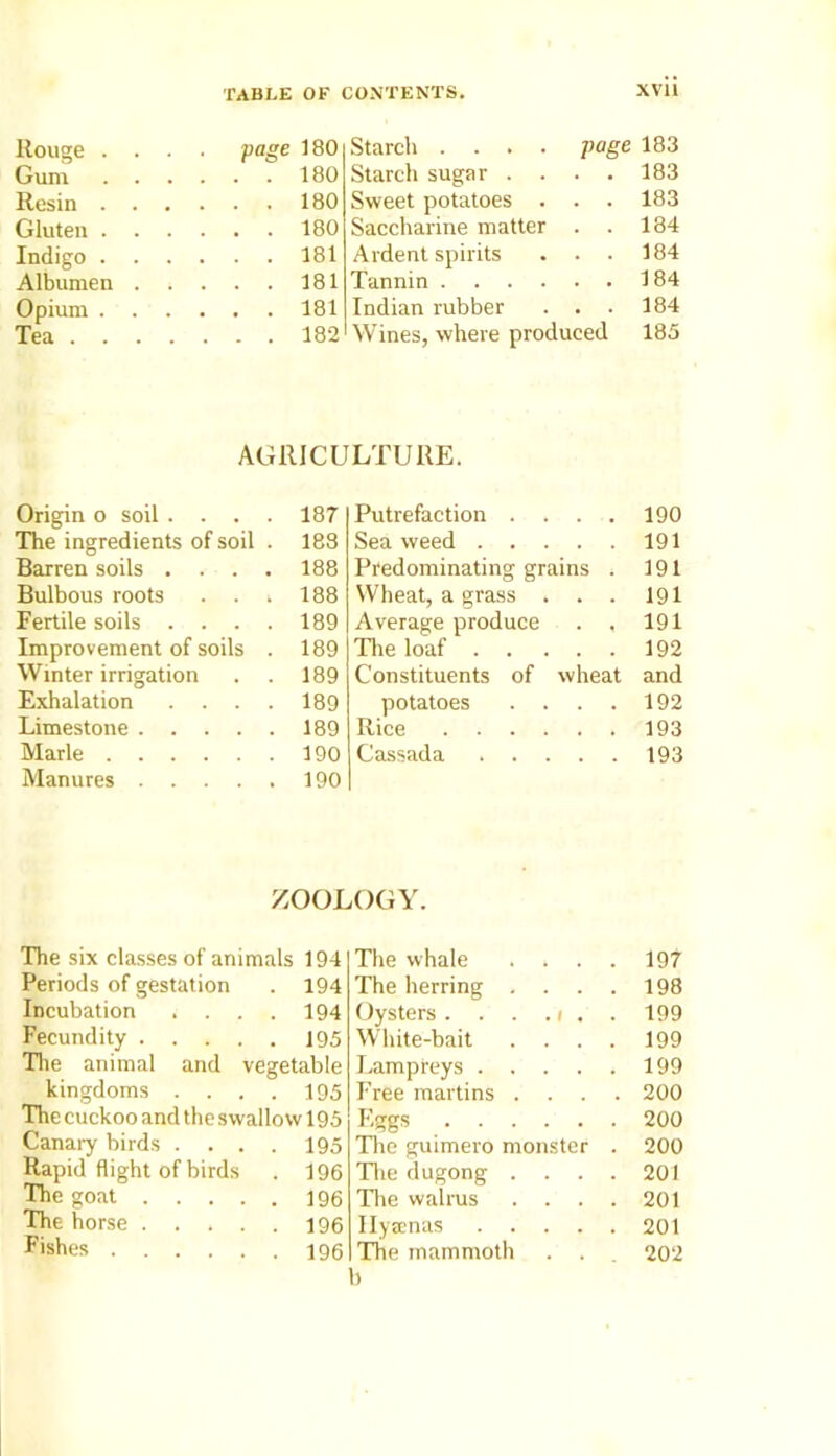 Rouge . Gum Resin . Gluten . Indigo . Albumen Opium . Tea . . page 180 . 180 . 180 . 180 . 181 . 181 . 181 . 182 Starch .... page 183 Starch sugar .... 183 Sweet potatoes . . . 183 Saccharine matter . . 184 Ardent spirits . . . 184 Tannin 184 Indian rubber . . . 184 Wines, where produced 185 AGRICULTURE. Origin o soil .... 187 The ingredients of soil . 188 Barren soils .... 188 Bulbous roots . . i 188 Fertile soils . . . . 189 Improvement of soils . 189 Winter irrigation . . 189 Exhalation . . . . 189 Limestone 189 Marie 190 Manures 190 Putrefaction .... 190 Sea weed 191 Predominating grains . 191 Wheat, a grass . . . 191 Average produce . , 191 The loaf 192 Constituents of wheat and potatoes .... 192 Rice 193 Cassada ..... 193 ZOOLOGY. The six classes of animals 194 The whale 197 Periods of gestation . 194 The herring . 198 Incubation . . . 194 Oysters. . . 199 Fecundity . . . . 195 White-bait 199 The animal and vegetable Lampreys . . 199 kingdoms . . . 195 Free martins . 200 The cuckoo and the swallow 195 Eggs . . . 200 Canary birds . . 195 The guimero monster . 200 Rapid Might of birds . 196 The dugong . 201 The goat . . . . 196 The walrus 201 The horse . . 196 llyamas . . 201 Fishes .... The mammoth 202 b