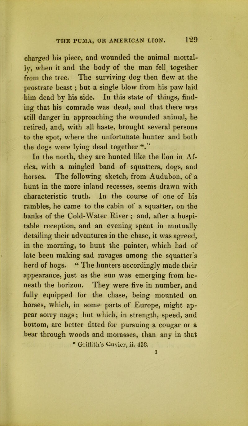 charged his piece, and wounded the animal mortal- ly, when it and the body of the man fell together from the tree. The surviving dog then flew at the prostrate beast ; but a single blow from his paw laid him dead by his side. In this state of things, find- ing that his comrade was dead, and that there was still danger in approaching the wounded animal, he retired, and, with all haste, brought several persons to the spot, where the unfortunate hunter and both the dogs were lying dead together In the north, they are hunted like the lion in Af- rica, with a mingled band of squatters, dogs, and horses. The following sketch, from Audubon, of a hunt in the more inland recesses, seems drawn with characteristic truth. In the course of one of his rambles, he came to the cabin of a squatter, on the banks of the Cold-Water River ; and, after a hospi- table reception, and an evening spent in mutually detailing their adventures in the chase, it was agreed, in the morning, to hunt the painter, which had of late been making sad ravages among the squatter's herd of hogs. “ The hunters accordingly made their appearance, just as the sun was emerging from be- neath the horizon. They were five in number, and fully equipped for the chase, being mounted on horses, which, in some parts of Europe, might ap- pear sorry nags; but which, in strength, speed, and bottom, are better fitted for pursuing a cougar or a bear through woods and morasses, than any in that * Griffith’s Cuvier, ii. 438. I