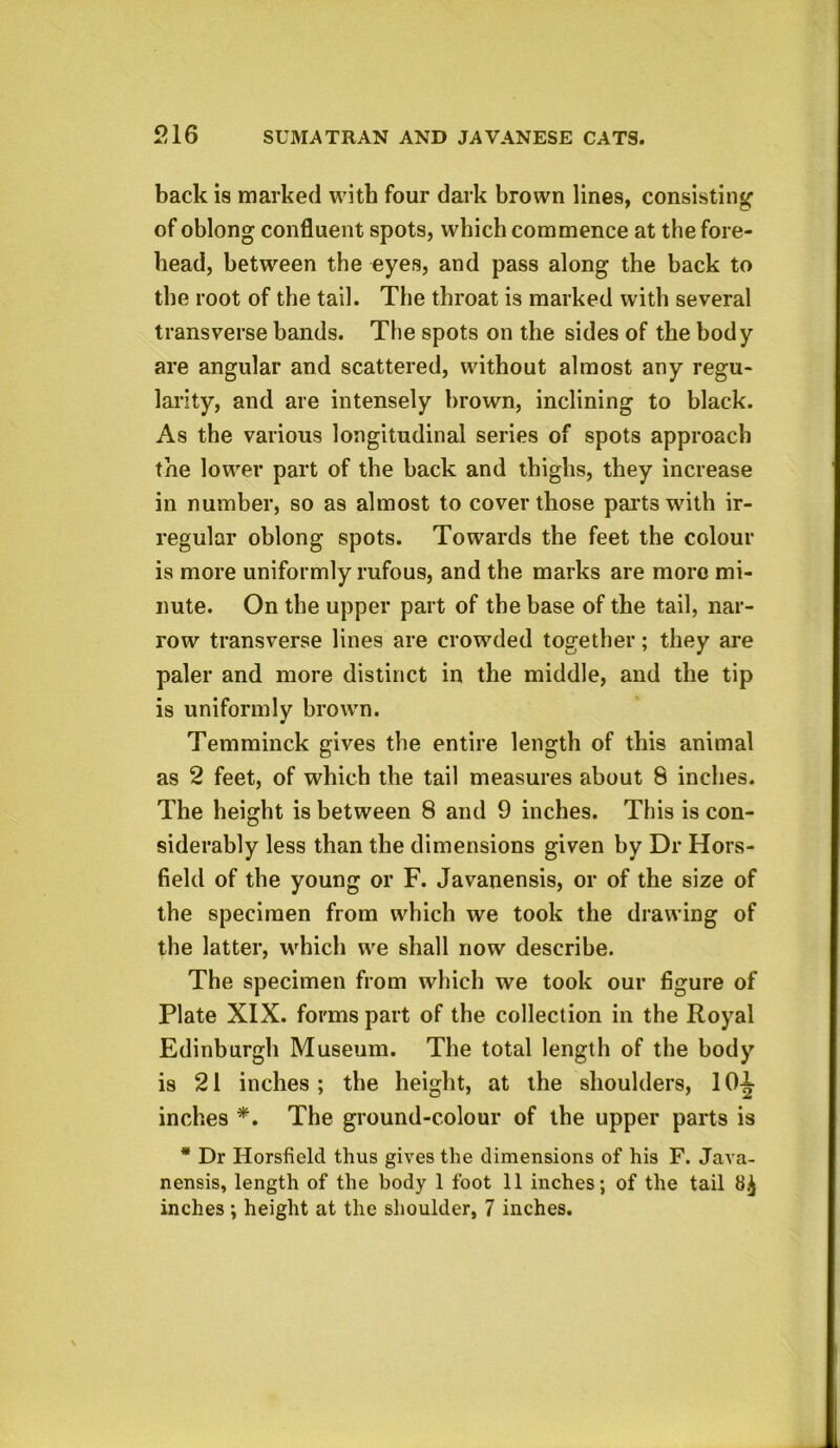 back is marked with four dark brown lines, consisting of oblong confluent spots, which commence at the fore- head, between the eyes, and pass along the back to the root of the tail. The throat is marked with several transverse bands. The spots on the sides of the body are angular and scattered, without almost any regu- larity, and are intensely brown, inclining to black. As the various longitudinal series of spots approach the lower part of the back and thighs, they increase in number, so as almost to cover those parts with ir- regular oblong spots. Towards the feet the colour is more uniformly rufous, and the marks are more mi- nute. On the upper part of the base of the tail, nar- row transverse lines are crowded together; they are paler and more distinct in the middle, and the tip is uniformly brown. Temminck gives the entire length of this animal as 2 feet, of which the tail measures about 8 inches. The height is between 8 and 9 inches. This is con- siderably less than the dimensions given by Dr Hors- field of the young or F. Javanensis, or of the size of the specimen from which we took the drawing of the latter, which we shall now describe. The specimen from which we took our figure of Plate XIX. forms part of the collection in the Royal Edinburgh Museum. The total length of the body is 21 inches ; the height, at the shoulders, 10^ inches *. The ground-colour of the upper parts is * Dr Horsfield thus gives the dimensions of his F. Java- nensis, length of the body 1 foot 11 inches; of the tail inches ; height at the shoulder, 7 inches.