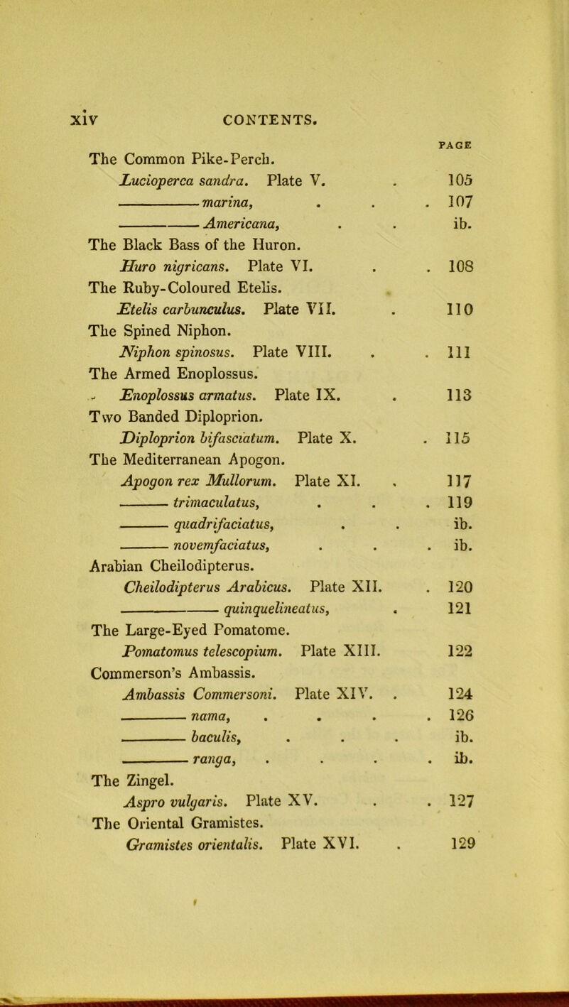 The Common Pike-Perch. PAGE JLucioperca sandra. Plate V. 105 marina, . 107 Americana, ib. The Black Bass of the Huron. Huro nigricans. Plate VI. . 108 The Ruby-Coloured Etelis. Etelis carbunculus. Plate VII. 110 The Spined Niphon. Niphon spinosus. Plate VIII. . Ill The Armed Enoplossus. - Enoplossus armatus. Plate IX. 113 Two Banded Diploprion. Eiploprion bifasciatum. Plate X. . 115 The Mediterranean Apogon. Apogon rex Mullorum. Plate XI. 117 trimaculatus, . 119 quadrifaciatus. ib. novemfaciatus. ib. Arabian Cheilodipterus. Cheilodipterus Arabicus. Plate XII. . 120 quinquelineatus. 121 The Large-Eyed Pomatome. Pomatomus telescopium. Plate XIII. 122 Commerson’s Ambassis. Ambassis Commersoni. Plate XIV. 124 nama, . 126 baculis, ib. rang a, . ib. The Zingel. Aspro vulgaris. Plate XV. . 127 The Oriental Gramistcs. Gramistes orientalis. Plate XVI. 129