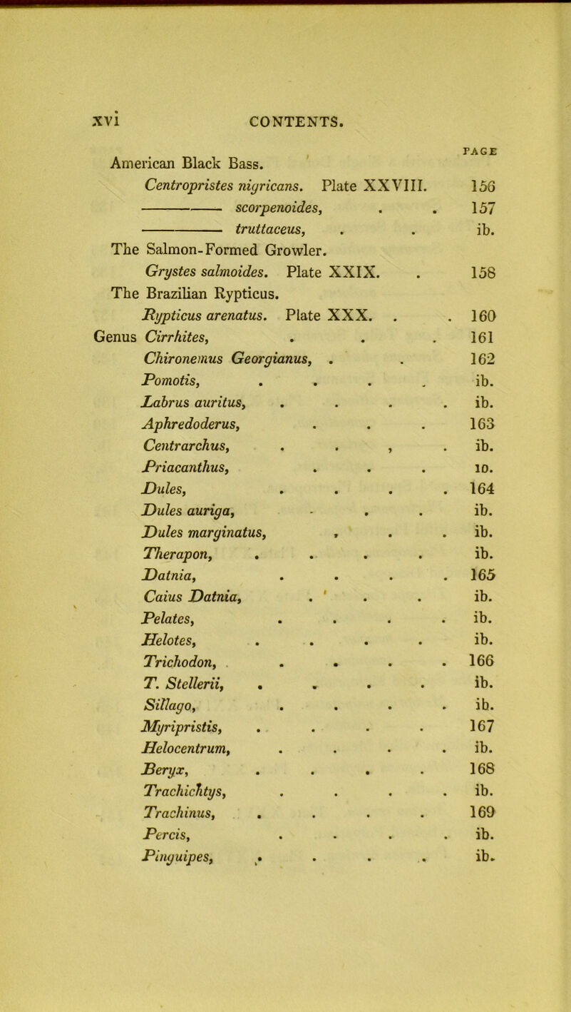 American Black Bass. Centropristes nigricans. Plate XXVIII. scorpenoides, truttaceus, The Salmon-Formed Growler. Grystes salmoides. Plate XXIX. The Brazilian Rypticus. Rypticus arenatus. Plate XXX. Genus Cirrkites, Chironemus Georgianus, . Pomotis, . Labrus auritus, Aphredoderus, Centrarchus, . . , Priacanthus, Pules, Pules auriga, Pules marginatus, , Therapon, .... Patnia, Caius Patnia, Pelates, Helotes, .... Trichodon, ... T. Stellerii, .... Sillago, Myripristis, .... Helocentrum, JBeryx, Trachichtys, Trachinus, Percis, Pinyuipes, PAGE 156 157 ib. 158 160 161 162 ib. ib. 163 ib. 10. 164 ib. ib. ib. 165 ib. ib. ib. 166 ib. ib. 167 ib. 168 ib. 169 ib. ib.