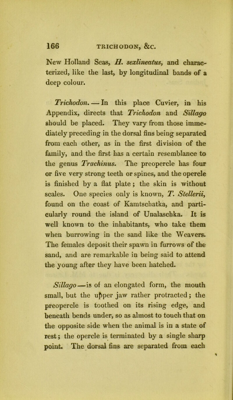 New Holland Seas, H. sexlineatus, and charac- terized, like the last, by longitudinal bands of a deep colour. Trichodon. — In this place Cuvier, in his Appendix, directs that Trichodon and Sillago should be placed. They vary from those imme- diately preceding in the dorsal fins being separated from each other, as in the first division of the family, and the first has a certain resemblance to the genus Trachinus. The preopercle has four or five very strong teeth or spines, and the opercle is finished by a flat plate; the skin is without scales. One species only is known, T. Stellerii, found on the coast of Kamtschatka, and parti- cularly round the island of Unalaschka. It is well known to the inhabitants, who take them when burrowing in the sand like the Weavers. The females deposit their spawn in furrows of the sand, and are remarkable in being said to attend the young after they have been hatched. Sillago—is of an elongated form, the mouth small, but the u^per jaw rather protracted; the preopercle is toothed on its rising edge, and beneath bends under, so as almost to touch that on the opposite side when the animal is in a state of rest; the opercle is terminated by a single sharp point. The dorsal fins are separated from each