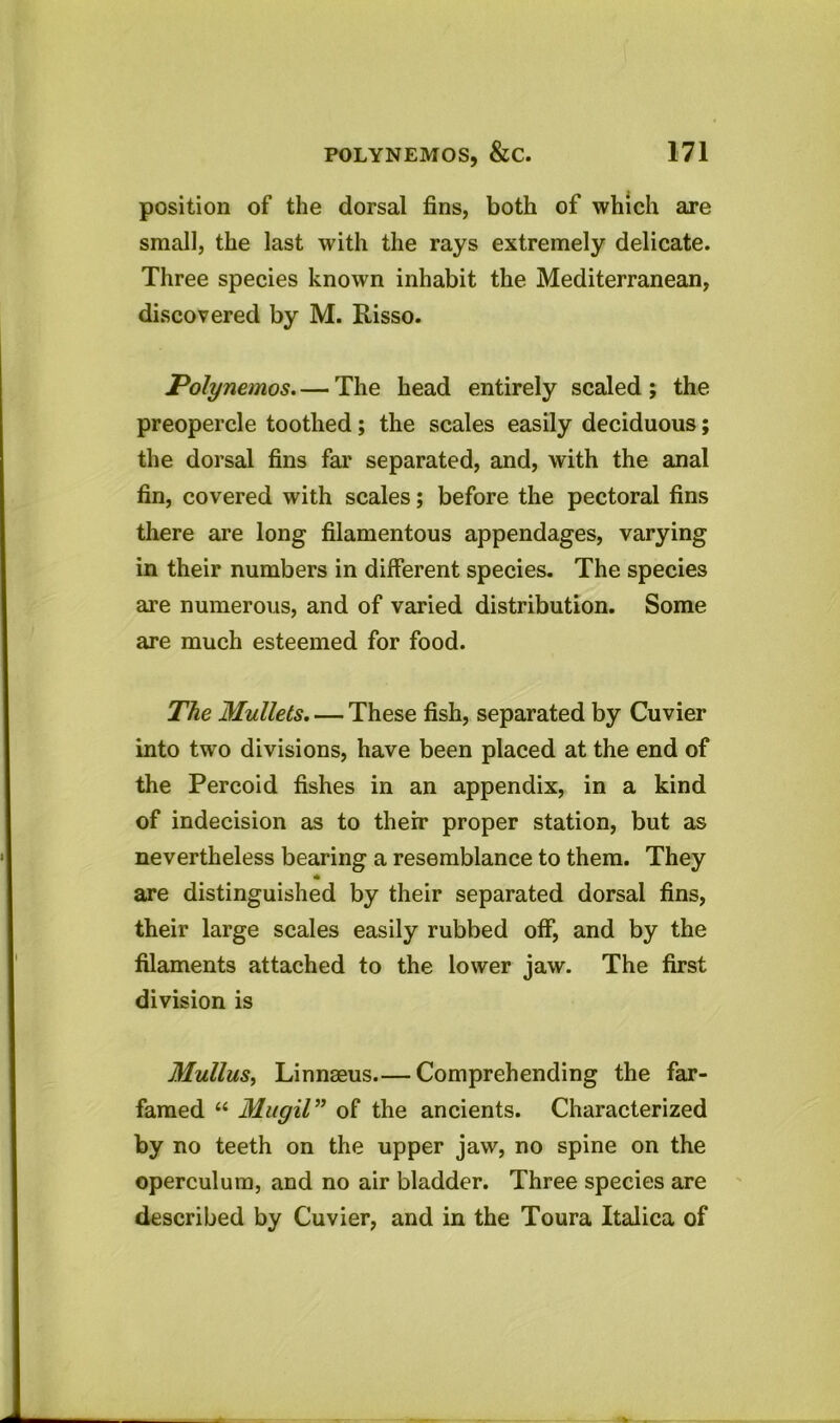 position of the dorsal fins, both of which are small, the last with the rays extremely delicate. Three species known inhabit the Mediterranean, discovered by M. Risso. Polynemos. — The head entirely scaled ; the preopercle toothed; the scales easily deciduous; the dorsal fins far separated, and, with the anal fin, covered with scales; before the pectoral fins there are long filamentous appendages, varying in their numbers in different species. The species are numerous, and of varied distribution. Some are much esteemed for food. The Mullets. — These fish, separated by Cuvier into two divisions, have been placed at the end of the Percoid fishes in an appendix, in a kind of indecision as to their proper station, but as nevertheless bearing a resemblance to them. They * are distinguished by their separated dorsal fins, their large scales easily rubbed off, and by the filaments attached to the lower jaw. The first division is Mullus, Linnaeus.— Comprehending the far- famed “ Mugil” of the ancients. Characterized by no teeth on the upper jaw, no spine on the operculum, and no air bladder. Three species are described by Cuvier, and in the Toura Italica of