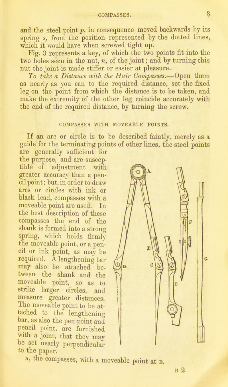 and the steel point p, in consequence moved backwards by its spring s, from the position represented by the dotted lines, which it would have when screwed tight up. Fig. 3 represents a key, of which the two points fit into the two holes seen in the nut, n, of the joint; and by turning this nut the joint is made stiffer or easier at pleasure. To take a Distance with the Hair Compasses.—Open them as nearly as you can to the required distance, set the fixed leg on the point from which the distance is to be taken, and make the extremity of the other leg coincide accurately with the end of the required distance, by turning the screw. COMPASSES WITH MOVEABLE POINTS. If an arc or circle is to be described faintly, merely as a guide for the terminating points of other lines, the steel points are generally sufficient for the purpose, aud are suscep- tible of adjustment with greater accuracy than a pen- cil point; but, in order to draw arcs or circles with ink or black lead, compasses with a moveable point are used. In the best description of these compasses the end of the shank is formed into a strong spring, which holds firmly the moveable point, or a pen- cil or ink point, as may be required. A lengthening bar may also be attached be- tween the shank and the moveable point, so as to strike larger circles, and measure greater distances. The moveable point to be at- tached to the lengthening bar, as also the pen point and pencil point, are furnished with a joint, that they may be set nearly perpendicular to the paper. a, the compasses, with a moveable point at b.