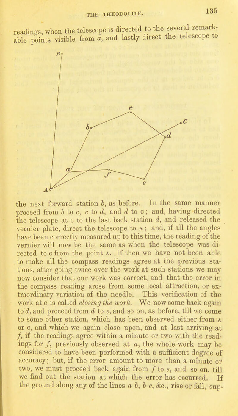 readings, when the telescope is directed to the several remark- able points visible from a, and lastly direct the telescope to B? the next forward station b, as before. In the same manner proceed from b to c, c to d, and d to c; and, having directed the telescope at c to the last back station d, and released the vernier plate, direct the telescope to a ; and, if all the angles have been correctly measured up to this time, the reading of the vernier will now be the same as when the telescope was di- rected to c from the point a. If then we have not been able to make all the compass readings agree at the previous sta- tions, after going twice over the work at such stations we may now consider that our work was correct, and that the error in the compass reading arose from some local attraction, or ex- traordinary variation of the needle. This verification of the work at c is called closing tlie work. We now come back again to d, and proceed from d to e, and so on, as before, till we come to some other station, which has been observed either from a or c, and which we again close upon, and at last arriving at /, if the readings agree within a minute or two with the read- ings for /, previously observed at a, the whole work may be considered to have been performed with a sufficient degree of accuracy; but, if the error amount to more than a minute or two, we must proceed back again from / to e, and so on, till we find out the station at which the error has occurred. If the ground along any of the lines a b, b c, &c., rise or fall, sup-