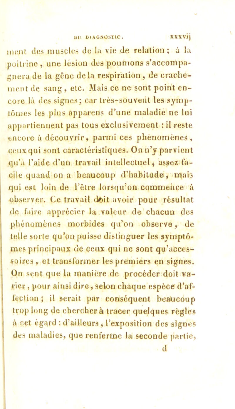 ÜU DIAGNOSTIC. XXXVJJ iiiüiit des muscles de la vie de relation; à la poitrine, une lésion des poumons s’accompa- gnera de la gêne delà respiration, de crache- ment de sang, etc. Mais ce ne sont point en- core là des signes; car très-souvent les symp- tômes les plus appaiens d’une maladie ne lui appartiennent pas tous exclusivement : il reste encore à découvrir, parmi ces phénomènes, ceux qui sont caractéristiques. On n’y parvient qu’à l’aide d’un travail intellectuel, assezfa- cile quand on a beaucoup d’habitude, mais qui est loin de l’être lorsqu’on commence à observer. Ce travail d/t>it avoir pour résultat de faire apprécier la valeur de chacun des phénomènes morbides qu’on observe, de telle sorte qu’on puisse distinguer les symptô- mes principaux de ceux qui ne sont qu’acces- •soires , et transformer les premiers en signes. On sent que la manière de procéder doit va- rier, pour ainsi dire, selon chaque espèce d’af- Ifeclion ; il serait par conséquent beaucoup trop long de cherchera tracer quelques règles à cet égard ; d’ailleurs , l’exposition des signes ! des maladies, que renferme la seconde partie, d