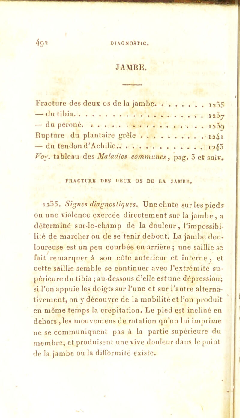 DÎACNOSTIC. 4ç)a JAMBE. Fracture des deux os de la jambe laôS — du tibia 12Ô7 — du péroné, j nZg Rupture du plantaire grêle 12^1 — du tendond’Acbilie 12^3 f^oy, tableau des Maladies communes, pag. 5 et suiv, rnACTUlB DES deux os DE LA JAMES. iîj5. Signes diagnosliqitcs. ünechute sur les pieds ou une violence exercée directement sur la jambe, a déterminé sur-le-champ de la douleur, l’impossibi- lilé de marcher ou de se tenir debout. La jambe dou- loureuse est un peu eourbée en arrière ; une saillie se fait remarquer à son coté antérieur et interne , et cette saillie semble se continuer avec l’extrémité su- périeure du tibia ; au-dessous d’elle estime dépression; si l’on appuie les doigts sur l’une et sur l’autre alterna- tivement, on y découvre de la mobilité et l’on produit en même temps la crépitation. Le pied est incliné en dehors,les mouvemens de rotation qu’on lui imprime ne se communiquent pas .à la partie supérieure du membre, cl produisent une vive douleur dans le point de la jambe oii la dillbrmité existe.