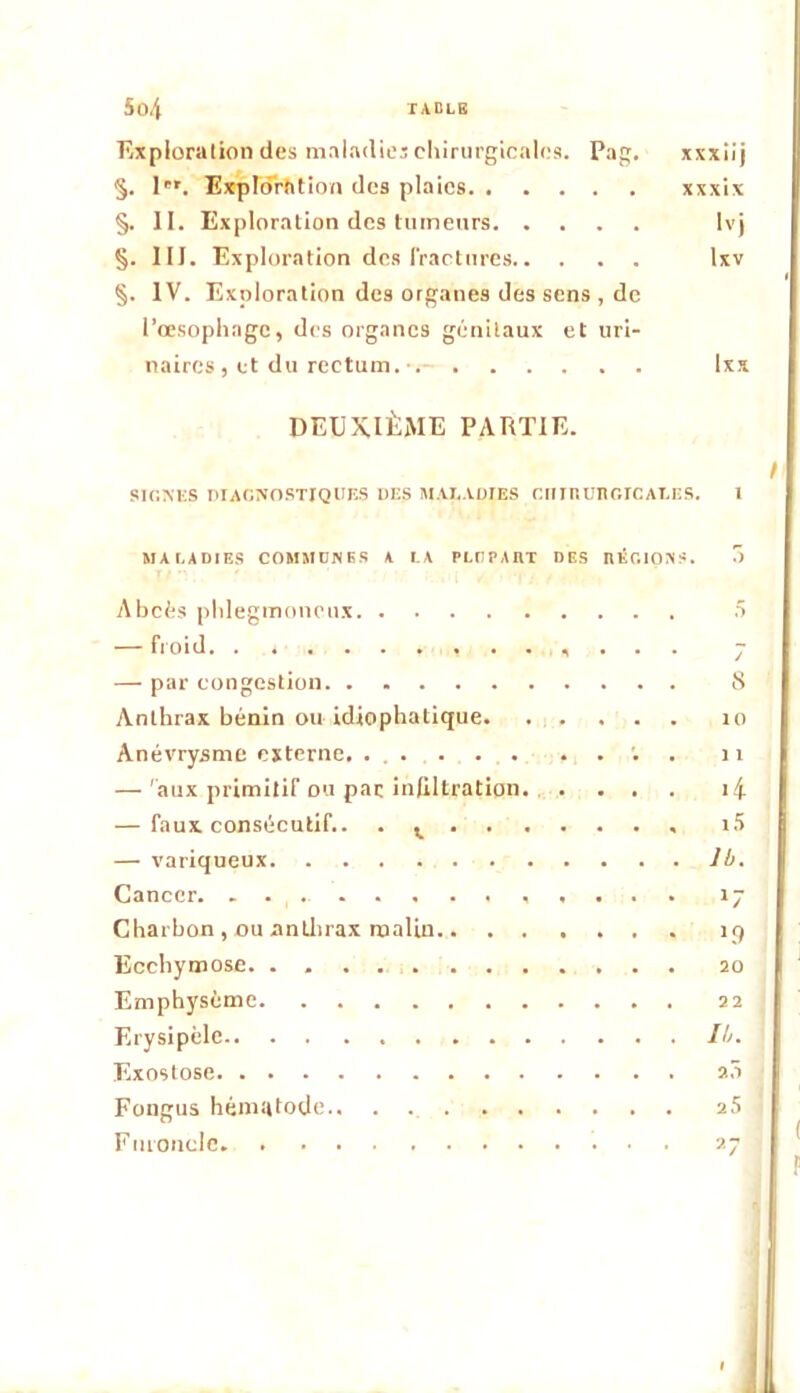 Exploration des maladies cliiriirgicalos. Pag. xxxiij §. 1'». Exprôrhtion dos plaies xxxix §. II. Exploration des tumeurs Ivj §. III. Exploration des l'racturcs Ixv §. IV. Exploration des organes des sens , de l’œsophage, des organes génitaux et uri- naires, et du rectum. Ixx DEUXIÈME PARTIE. Sie.MCS ni AGNOSTIQUES DES lUAI.AÜIES r.IlIRUnr.ICAT.ES. 1 MAl.ADIES COMÜIÜNBS 4 I.A PLtlPAnT DES nÉGlOXS. ô Abcès phlegmonciix — froid . . . — par congestion Anthrax bénin ou idlophatique. . . . . . Anévrysme externe. . , '. . — 'aux primitif ou par inllltration. . . . . — faux consécutif.. . — variqueux Cancer. . . . . . Charbon , ou anthrax malin Ecchymose Emphysème Erysipèle Exostose Fongus hématode.. . F m onde S 10 11 >4 i5 Ib. 17 E9 20 22 Ib. 2Ô 2 5