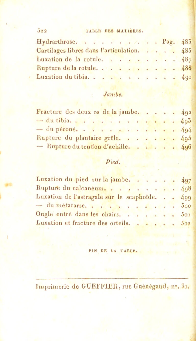 022 rADLI; DUS UAtIÈHBS, Ilydrarlhrosc Cartilages libres dans l’articulation 485 Luxation de la rotule 487 Rupture de la rotule 488 Luxation du tibia 49^ Jambe, Fracture des deux os de la jambe 49a —• du tibia 49^ — (lu peironé 4g4 Rupture du plantaire grêle 4g5 — Rupture du tendon d’achille 4g6 Pied. Luxation du pied sur la jambe 497 Riipturte du calcanéum 498 Luxation de l'astragale sur le scaphoïde. . . 499 — du métatarse 5oo Ongle entré dans les chairs Soi Luxation et fracture des orteils Soa UN DR LA TABLE. Imprimerie de GUEFFIER, rue Guénégaud, n. ôi.