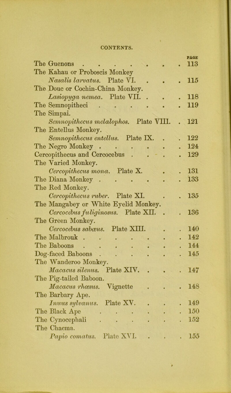 The Guenons The Kahau or Proboscis Monkey Nasalis larvatus. Plate VI. , , The Done or Cochin-China Monkey. Lasiopyga nemea. Plate VII. . The Semnopitheci ..... The Simpai. Semnopithecus melalophos. Plate VIII. The Entellus Monkey. Semnopithecus entellus. Plate IX. The Negro Monkey ..... Cercopithecus and Cercocebus . . - . The Varied Monkey. Cercopithecus mona. Plate X. The Diana Monkey ..... The Red Monkey, Cercopithecus rtiber. Plate XI. The Mangabey or White Eyelid Monkey. Cercocebus fuliginosus. Plate XII. . The Green Monkey. Cercocebus sabceus. Plate XIII. The Malbrouk ...... The Baboons ...... Dog-faced Baboons ..... The Wanderoo Monkey. Macacus silenus. Plate XIV. The Pig-tailed Baboon. Macacus rheesus. Vignette The Barbary Ape. Inuus sylvanus. Plate XV, The Black Ape ..... The Cynocephali ..... The Chacma. Papio comatiis. Plate XVI. PAGE . 113 . 115 . 118 . 119 . 121 . 122 . 124 . 129 . 131 . 133 . 135 . 136 . 140 . 142 . 144 . 145 . 147 . 148 . 149 . 150 . 152 . 155