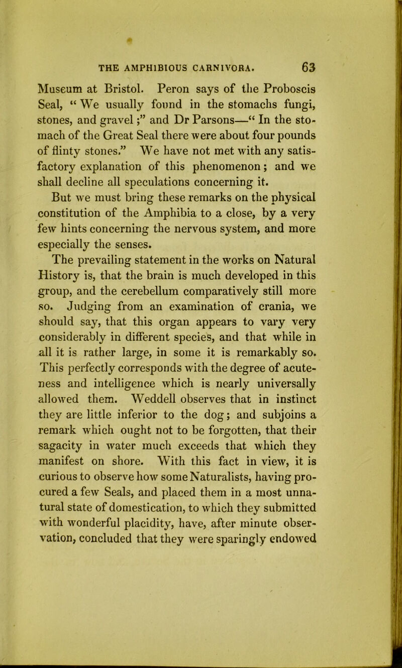 Museum at Bristol. Peron says of tlie Proboscis Seal, “ We usually found in the stomachs fungi, stones, and graveland Dr Parsons—“ In the sto- mach of the Great Seal there were about four pounds of flinty stones.” We have not met with any satis- factory explanation of this phenomenon; and we shall decline all speculations concerning it. But w e must bring these remarks on the physical constitution of the Amphibia to a close, by a very few’ hints concerning the nervous system, and more especially the senses. The prevailing statement in the works on Natural History is, that the brain is much developed in this group, and the cerebellum comparatively still more so. Judging from an examination of crania, we should say, that this organ appears to vary very considerably in different species, and that while in all it is rather large, in some it is remarkably so. This perfectly corresponds with the degree of acute- ness and intelligence which is nearly universally allowed them. Weddell observes that in instinct they are little inferior to the dog; and subjoins a remark which ought not to be forgotten, that their sagacity in water much exceeds that which they manifest on shore. With this fact in view, it is curious to observe how some Naturalists, having pro- cured a few Seals, and placed them in a most unna- tural state of domestication, to which they submitted with wonderful placidity, have, after minute obser- vation, concluded that they were sparingly endowed