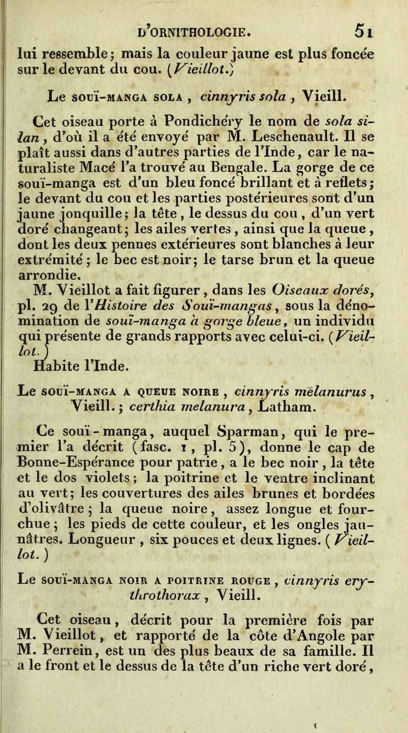 lui ressemble ; mais la couleur jaune est plus foncée sur le devant du cou. ( Vieillot.) Le souï-manga sola , cinnyris sola , Vieill. Cet oiseau porte à Pondichéry le nom de sola si- lan, d'où il a été' envoyé par M. Leschenault. Il se plaît aussi dans d’autres parties de l’Inde, car le na- turaliste Macé l’a trouvé au Bengale. La gorge de ce souï-manga est d’un bleu foncé brillant et à reflets; le devant du cou et les parties postérieures sont d’un jaune jonquille; la tête , le dessus du cou , d’un vert doré changeant; les ailes vertes , ainsi que la queue, dont les deux pennes extérieures sont blanches à leur extrémité ; le bec est noir; le tarse brun et la queue arrondie. M. Vieillot a fait figurer, dans les Oiseaux dorés, pl. 29 de Y Histoire des S ouï-rnangas, sous la déno- mination de souï-manga a gorge bleue, un individu qui présente de grands rapports avec celui-ci. ( Vieil- lot.J Habite l’Inde. Le souï-manga a queue noire , cinnyris melanurus, Vieill.; certhia melanura, Latham. Ce souï - manga, auquel Sparman, qui le pre- mier l’a décrit (fasc. 1, pl. 5), donne le cap de Bonne-Espérance pour patrie , a le bec noir , la tête et le dos violets ; la poitrine et le ventre inclinant au vert ; les couvertures des ailes brunes et bordées d’olivâtre ; la queue noire, assez longue et four- chue ; les pieds de cette couleur, et les ongles jau- nâtres. Longueur , six pouces et deux lignes. ( Vieil- lot. ) Le souï-manga noir a poitrine rouge , cinnyris ery- throihorax, Vieill. Cet oiseau, décrit pour la première fois par M. Vieillot, et rapporté de la côte d’Angole par M. Perrein, est un des plus beaux de sa famille. Il a le front et le dessus de la tête d’un riche vert doré,