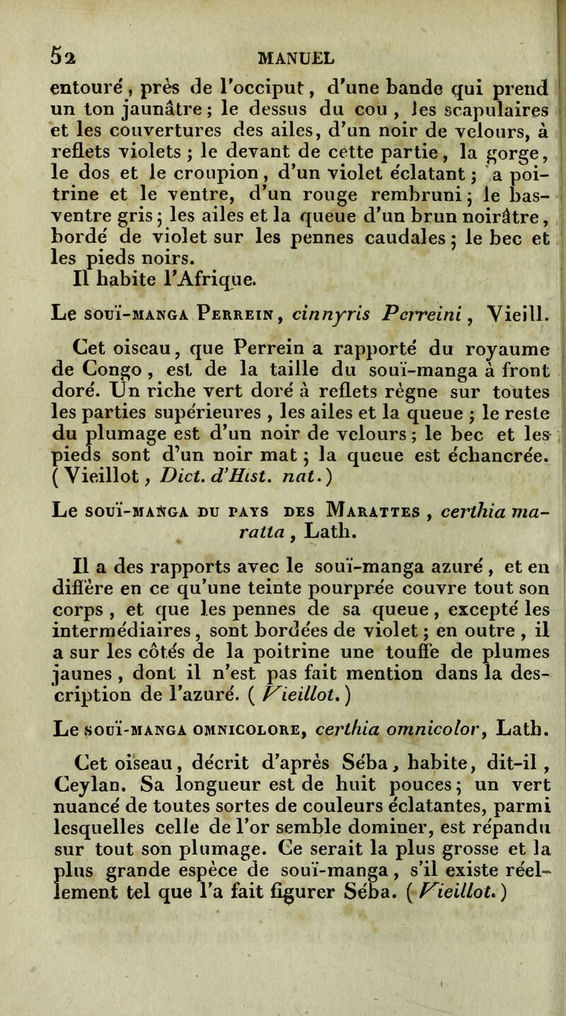 entouré, près de l'occiput, d'une bande qui prend ! un ton jaunâtre; le dessus du cou , les scapulaires < et les couvertures des ailes, d'un noir de velours, à reflets violets ; le devant de cette partie, la gorge, j le dos et le croupion , d’un violet éclatant ; a poi- ! trine et le ventre, d’un rouge rembruni j le bas- ; ventre gris ; les ailes et la queue d’un brun noirâtre, bordé de violet sur les pennes caudales ; le bec et les pieds noirs. Il habite 1*Afrique. Le souï-manga Perrein, cinnyris Pci'reini, Vieill. Cet oiseau, que Perrein a rapporté du royaume j de Congo , est de la taille du souï-manga à front doré. Un riche vert doré à reflets règne sur toutes ; les parties supérieures , les ailes et la queue ; le reste du plumage est d’un noir de velours ; le bec et les ,1 pieds sont d’un noir mat ; la queue est échancrée. (Vieillot, Dict. d’Hist. nat.) Le souï-maüîgà du pays des Marattes , certhia via- ratta, Lath. Il a des rapports avec le souï-manga azuré , et en diffère en ce qu’une teinte pourprée couvre tout son corps , et que les pennes de sa queue, excepté les intermédiaires, sont bordées de violet ; en outre , il a sur les côtés de la poitrine une touffe de plumes jaunes , dont il n’est pas fait mention dans la des- cription de l’azuré. ( Vieillot. ) Le souï-manga omnicolore, certhia omnicolor, Latb. Cet oiseau, décrit d’après Séba, habite, dit-il, Ceylan. Sa longueur est de huit pouces; un vert nuancé de toutes sortes de couleurs éclatantes, parmi lesquelles celle de l’or semble dominer, est répandu sur tout son plumage. Ce serait la plus grosse et la Ï)lus grande espèce de souï-manga, s’il existe réel- ement tel que l’a fait figurer Séba. ( Vieillot. )