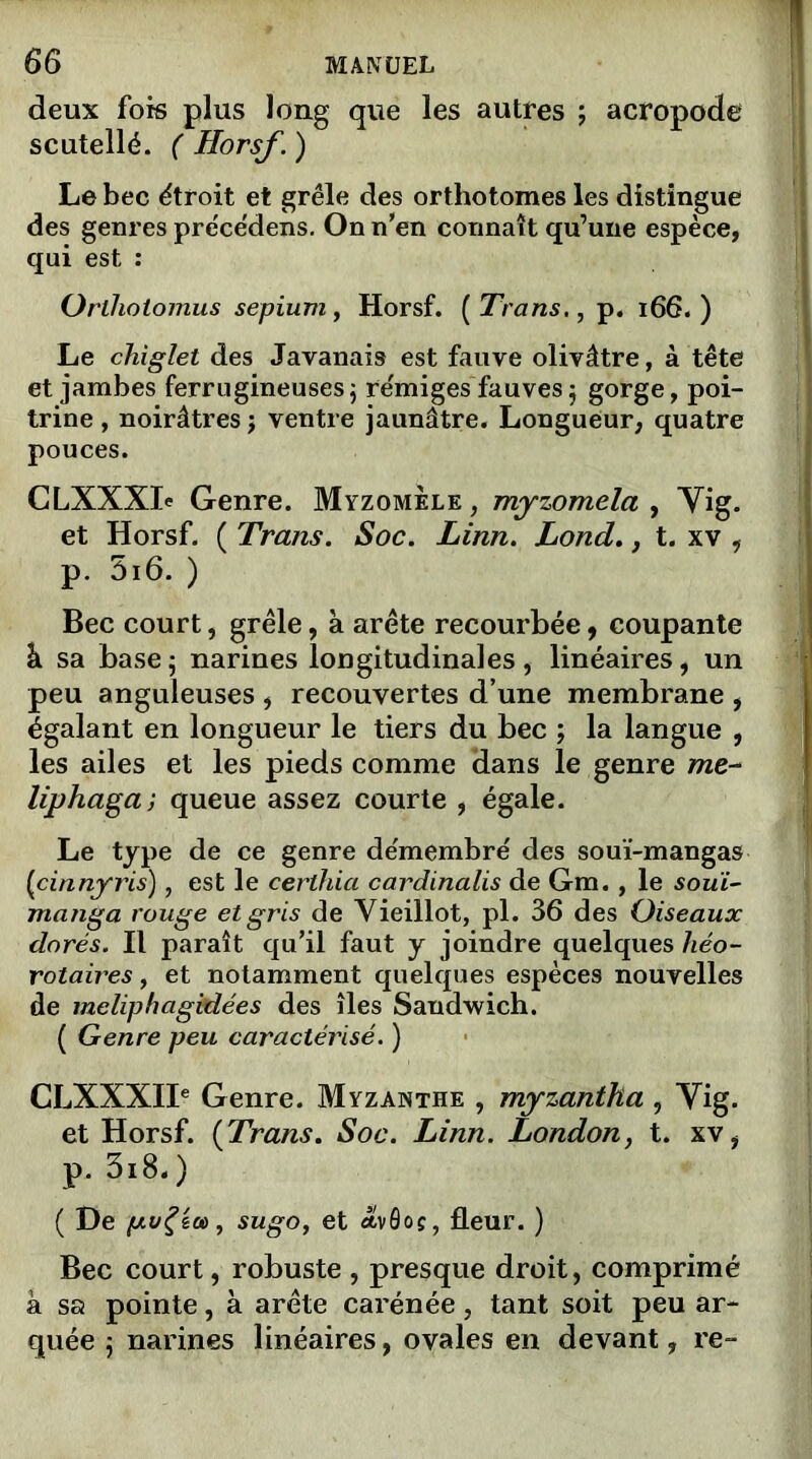 deux fois plus long que les autres ; acropode scutellé. ( Horsf. ) Le bec étroit et grêle des orthotomes les distingue des genres précédens. On n’en connaît qu’une espèce, qui est : Orlhotomus sepium, Horsf. ( Trans., p. 166. ) Le chiglet des Javanais est fauve olivâtre, à tête et jambes ferrugineuses ; rémiges fauves ; gorge, poi- trine , noirâtres j ventre jaunâtre. Longueur, quatre pouces. CLXXXL Genre. Myzomèle , myzomela , Yig. et Horsf. ( Trans. Soc. Linn. Lond., t. xv , p. 5i6.) Bec court, grêle, à arête recourbée, coupante à sa base; narines longitudinales, linéaires, un peu anguleuses , recouvertes d’une membrane , égalant en longueur le tiers du bec ; la langue , les ailes et les pieds comme dans le genre me- liphaga; queue assez courte , égale. Le type de ce genre démembré des souï-mangas (cinnyris), est le certhia cardinalis de Gm., le souï- manga rouge et gris de Vieillot, pl. 36 des Oiseaux dorés. Il paraît qu’il faut y joindre quelques liéo- rotaires, et notamment quelques espèces nouvelles de meliphagMées des îles Sandwich. ( Genre peu caractérisé. ) CLXXXII6 Genre. Myzanthe , myzantha , Yig. et Horsf. {Trans. Soc. Linn. London, t. xv, p. 3i8.) ( De (AuÇia>, sugo, et *v0oç, fleur. ) Bec court, robuste , presque droit, comprimé à sa pointe, à arête carénée, tant soit peu ar- quée ; narines linéaires, ovales en devant, re-