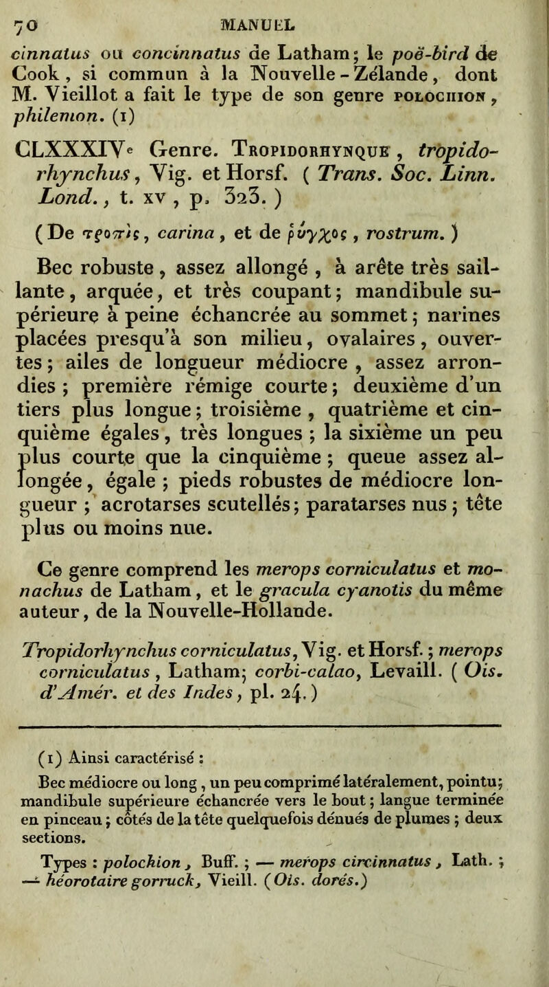 cinnalus ou concinnatus de Latham; le poë-bird de Cook, si commun à la Nouvelle-Zélande, dont M. Vieillot a fait le type de son genre polociiion , philemon. (1) CLXXXIVe Genre. Tropidorhynque , tr’opido- rhynchus, Vig. etHorsf. ( Trans. Soc. Linn. Lond., t. xv , p, 323. ) (De TfOTr/ç, carina , et de puyxoç, rostrum. ) Bec robuste, assez allongé , à arête très sail- lante, arquée, et très coupant; mandibule su- périeure à peine échancrée au sommet ; narines placées presqu’à son milieu, ovalaires, ouver- tes ; ailes de longueur médiocre , assez arron- dies ; première rémige courte ; deuxième d’un tiers plus longue ; troisième , quatrième et cin- quième égales, très longues ; la sixième un peu plus courte que la cinquième ; queue assez al- longée , égale ; pieds robustes de médiocre lon- gueur ; acrotarses scutellés ; paratarses nus ; tête plus ou moins nue. Ce genre comprend les merops corniculatus et mo- nachus de Latham, et le gracula cyanotis du même auteur, de la Nouvelle-Hollande. Tropidorhynchus corniculatus, V ig. etHorsf. ; merops corniculatus , Latham; corbi-calaoy Levaill. ( Ois. d’Amér. et des Indes, pl. <i\.) (1) Ainsi caractérisé : Bec médiocre ou long, un peu comprimé latéralement, pointu; mandibule supérieure échancrée vers le bout ; langue terminée en pinceau ; cotés de la tête quelquefois dénués de plumes ; deux sections. Types : polochion j Buff. ; — merops circinnatus , Lath. ; — héorotaire gornick, Vieill. ( Ois. dorés.)