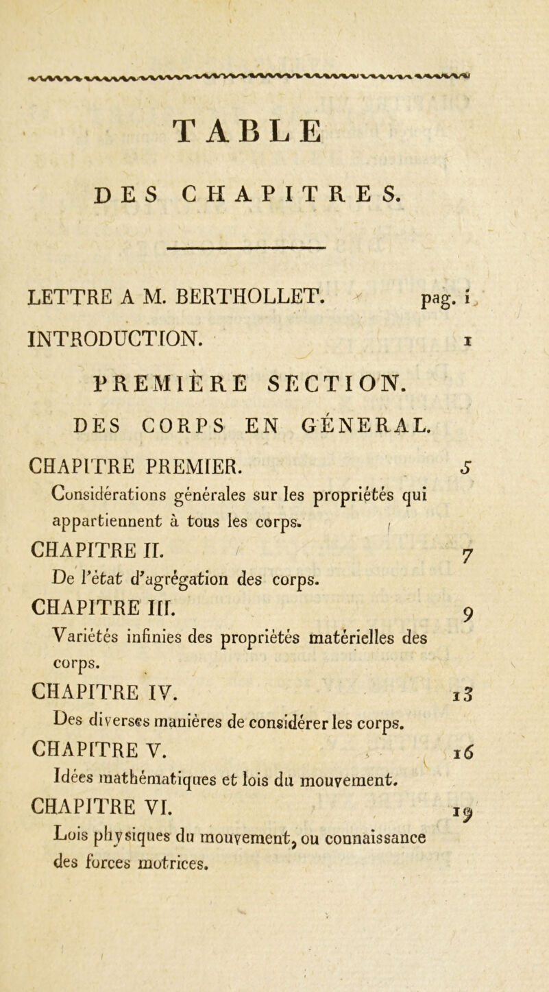 TABLE des chapitres. LETTRE A M. BERTHOLLET. INTRODUCTION. Y pag. 1 PREMIERE SECTION. DES CORPS EN GENERAL. CHAPITRE PREMIER. Considérations générales sur les propriétés qui appartiennent à tous les corps. i CHAPITRE IL De Pétat d'agrégation des corps. CHAPITRE III. Variétés infinies des propriétés matérielles des corps. CHAPITRE IV. Des diverses manières de considérer les corps. CHAPITRE V. . ^ Idées mathématiques et lois du mouvement. CHAPITRE VI. Lois physiques du mouyementjou connaissance des forces motrices. j3 ï6