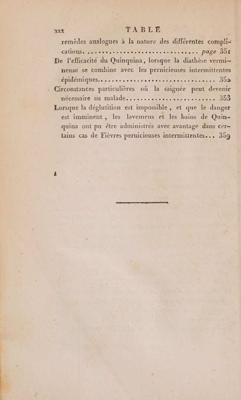 ee TABLE remèdes analogues à la nature des différentés compli- CAO EMI eee ee resserre cesser. DONC OUT De l'efficacité du Quinquina, lorsque la diathèse vermi— neuse se combine avec les pernicieuses intermittentes tépidémiques.. ...s.sosssscssssess-sersesse 352 Circonstances particulières où la saignée peut devenir nécessaire au malade......................... 353 Lorsque la déglutition est impossible , et que le danger est imminent , les lavemens et les bains de Quin- quina ont pu être administrés avec avantage dans cer- tains cas de Fièvres pernicieuses intermittentes... 359