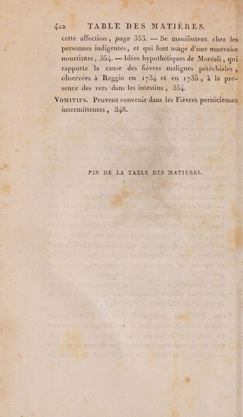 Re F 422 TABLE DES MATIÈRES. . - cette affection, page 353. — Se manifestent chez les personnes indigentes, et qui font usage d’une mauvaise nourriture, 354. — Idées hypothétiques de Moréali, qui rapporte la cause des fièvres malignes pétéchiales ,. observées à Reggio en 1734 et en 1735, à la pré- sence des vers dans les intestins , 354. VomirTirs. Peuvent convenir dans les Fièvres pernicieuses intermittentes, 348. | FIN DE LA TABLE DES MATIÈRES.