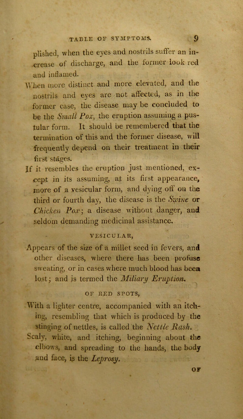 plished, when the eyes and nostrils suffer an in- •crease of discharge, and the former look red and inflamed. When more distinct and more elevated, and the nostrils and eyes are not affected, as in the former case, the disease may be concluded to be the Small Fox\ the eruption assuming a pus- tular form. It should be remembered that the termination of this and the former disease, will frequently depend on their treatment in their first stages. If it resembles the eruption just mentioned, ex- cept in its assuming, at its first appearance,' more of a vesicular form, and dying off' on the third or fourth day, the disease is the Sxpine or Chicken Po.v; a disease without danger, and seldom demanding inedicinal assistance. VESICULAR, Appears of the size of a millet seed in fevers, and other diseases, where there has been profuse sweating, or in cases where much blood has beea lost • and is termed the Miliary Eruption^ I OF RED SPOTS, With a lighter centre, accompanied with an itch- ing, resembling that which is produced by the stinging of nettles, is called the Nettle Rash, Scaly, white, and itching, beginning about the elbows, and spreading to the hands, the body and face, is the Leprosy, OF