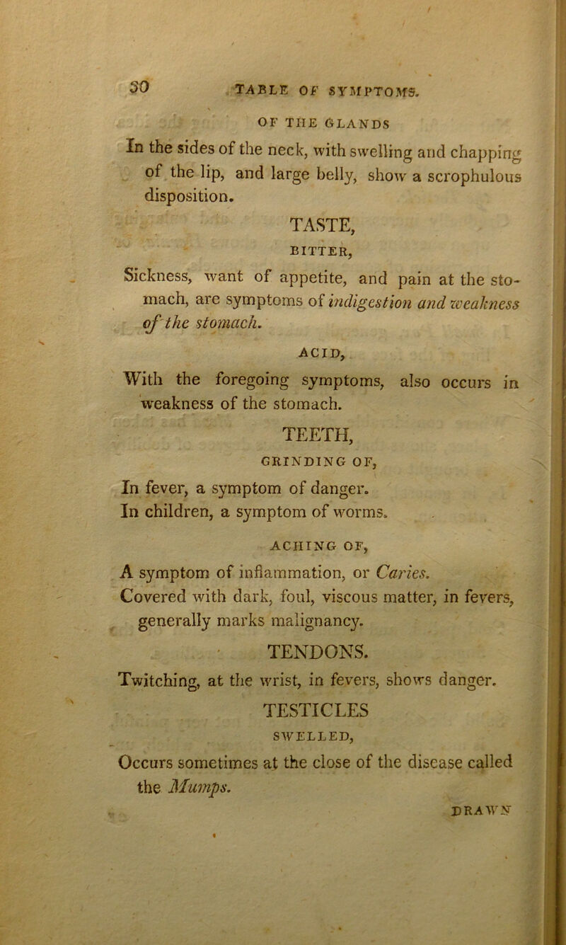 50 OF THE GLANDS In the sides of the neck, with swelling and chapping of the lip, and large belly, show' a scrophulous disposition. TASTE, BITTER, Sickness, want of appetite, and pain at the sto- mach, are symptoms of indigestion and zvealtness qf'the stomach. ACID, With the foregoing symptoms, also occurs in weakness of the stomach. TEETH, GRINDING OF, In fever, a symptom of danger. In children, a symptom of worms. ACHING OF, A symptom of inflammation, or Caries. Covered with dark, foul, viscous matter, in fevers, generally marks malignancy. TENDONS. Twitching, at the wrist, in fevers, shows danger. TESTICLES SWELLED, Occurs sometimes at the close of the disease called the Mumps. DRAWN