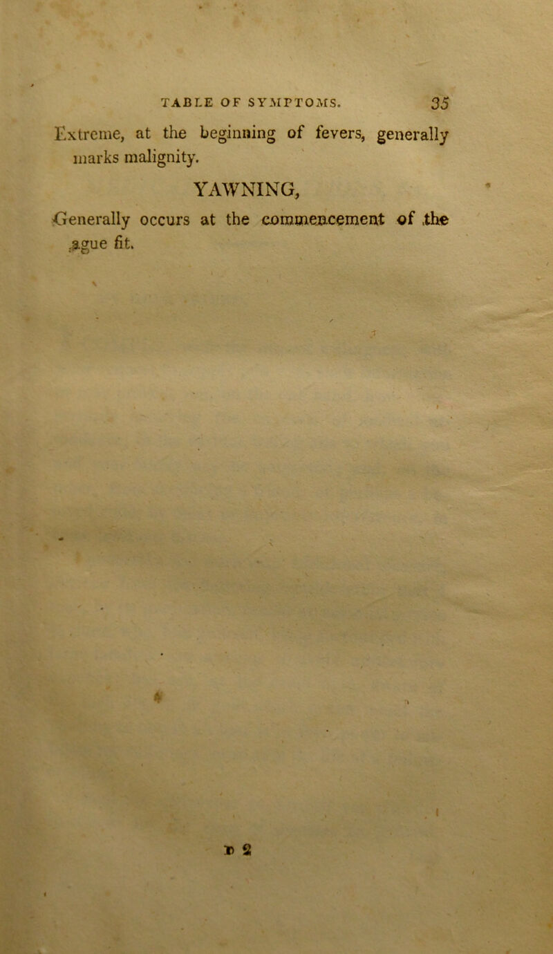 Extreme, at the beginning of fevers, generally marks malignity. YAWNING, Generally occurs at the comaien.cement of .the .ague fit.