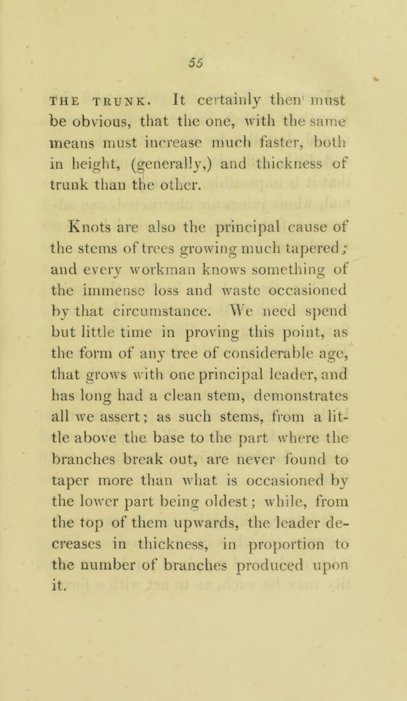 The trunk. It certainly then' must be obvious, that the one, with the same means must increase much faster, both in height, (generally,) and thickness of trunk than the other. Knots are also the principal cause of the stems of trees growing much tapered; and every workman knows something of the immense loss and waste occasioned by that circumstance. We need spend but little time in proving this point, as . . v the form of any tree of considerable age, that grows with one principal leader, and has long had a clean stem, demonstrates all we assert; as such stems, from a lit- tle above the base to the part where the branches break out, are never found to taper more than what is occasioned by the lower part being oldest; while, from the top of them upwards, the leader de- creases in thickness, in proportion to the number of branches produced upon it.