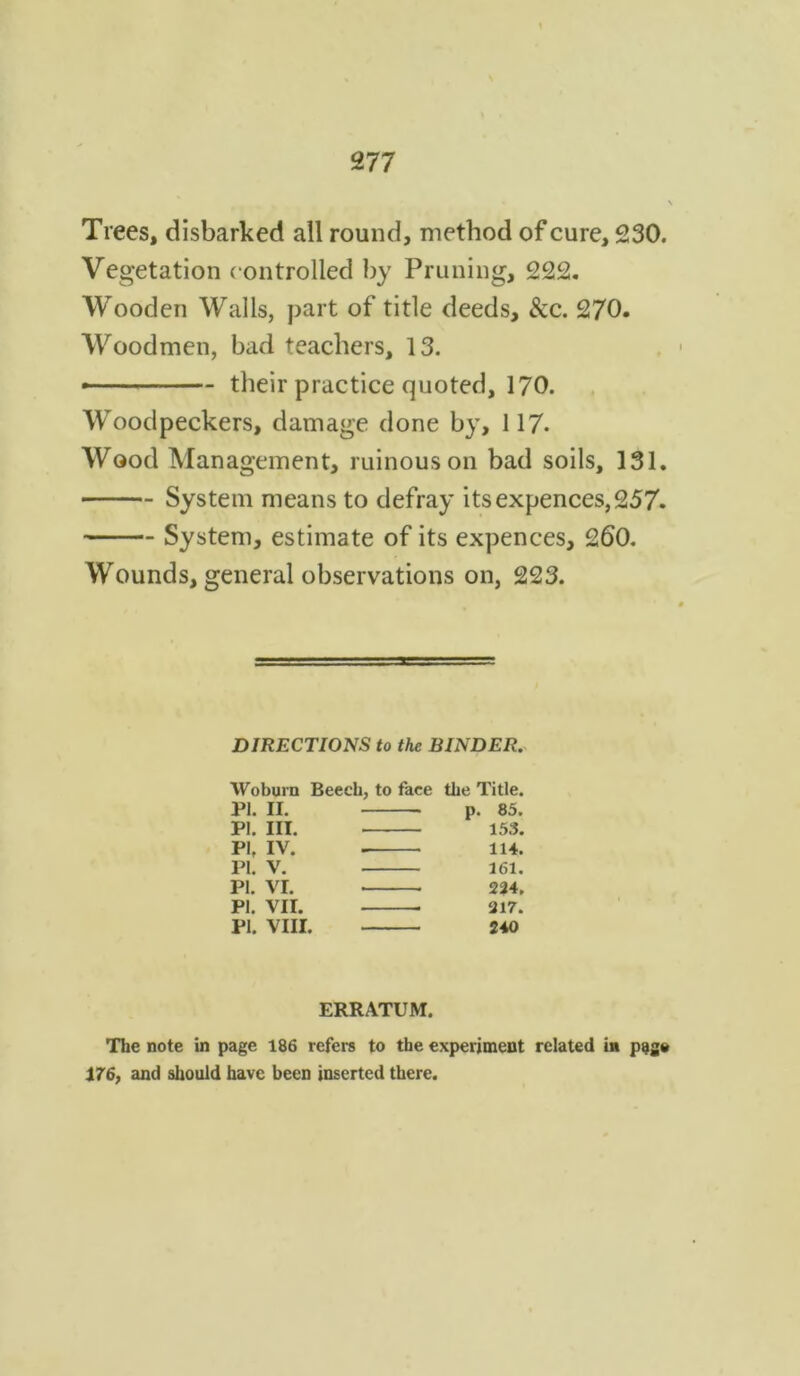 Trees, disbarked all round, method of cure, 230. Vegetation controlled by Pruning, 222. Wooden Walls, part of title deeds, &c. 270. Woodmen, bad teachers, 13. • their practice quoted, 170. Woodpeckers, damage done by, 117- Wood Management, ruinous on bad soils, 131. System means to defray itsexpences,257. System, estimate of its expences, 260. Wounds, general observations on, 223. DIRECTIONS to the BINDER. Woburn Beech, to face the Title. PI. II. p. 85. PI. III. 153. PI, iv. . 114. PI. V. 161. PI. VI. 224. PI. VII. 317. PI. VIII. 240 ERRATUM. The note in page 186 refers to the experiment related in ptjge 176, and should have been inserted there.