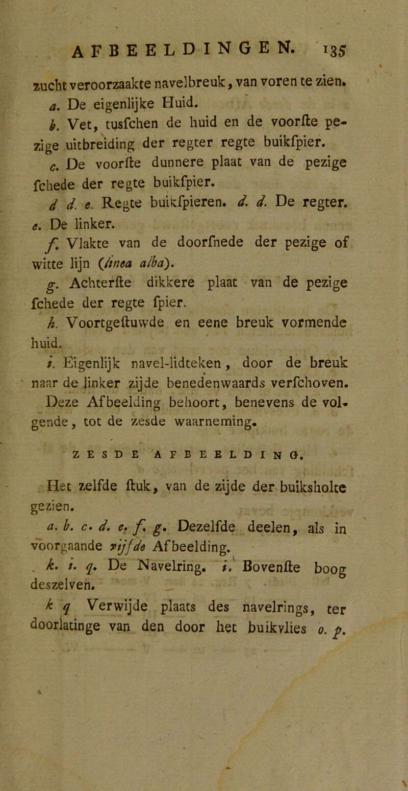 AFBEELDINGEN. 13 5 zucht veroorzaakte navelbreuk, van voren te zien. a. De eigenlijke Huid. h. Vet, tusfchen de huid en de voorfte pe- zige uitbreiding der regeer regte buikfpier. c. De voorfte dunnere plaat van de pezige fchede der regte buikfpier. d d. e. Regte buiidpieren. d. d. De regter. e. De linker. f. Vlakte van de doorfnede der pezige of witte lijn (Jinea a/ba). g. Achterfte dikkere plaat van de pezige fchede der regte fpier. h. Voortgeftuwde en eene breuk vormende huid. t. Eigenlijk navel-lidteken, door de breuk naar de linker zijde benedenwaards verfchoven. Deze Afbeelding behoort, benevens de vol- gende , tot de zesde waarneming. ZESDE AFBEELDING. . A, * Het zelfde ftuk, van de zijde der buiksholte gezien. a. b. c. d. e. f. g. Dezelfde deelen, als in voorgaande rijfde Afbeelding. . k. t. q. De Navelring. i. Bovenfte boog deszelven. k q Verwijde plaats des navelrings, ter doorlatinge van den door liet buikvlies 0. p. 4